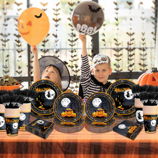 Halloween Party Plates & Tableware Set – 120 Pcs Black Witch, Pumpkin & Castle Design for 24 Guests