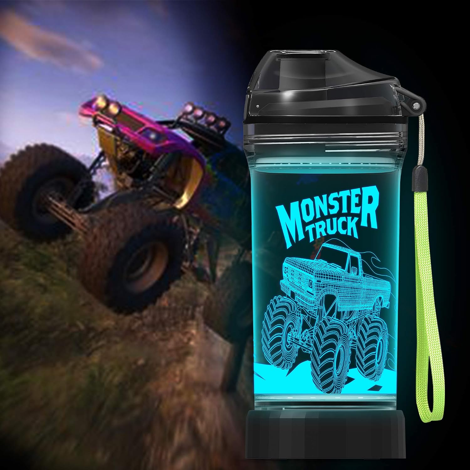 14 oz Kids Monster Truck Light-Up Water Bottle with Leakproof Lid and Carry Strap