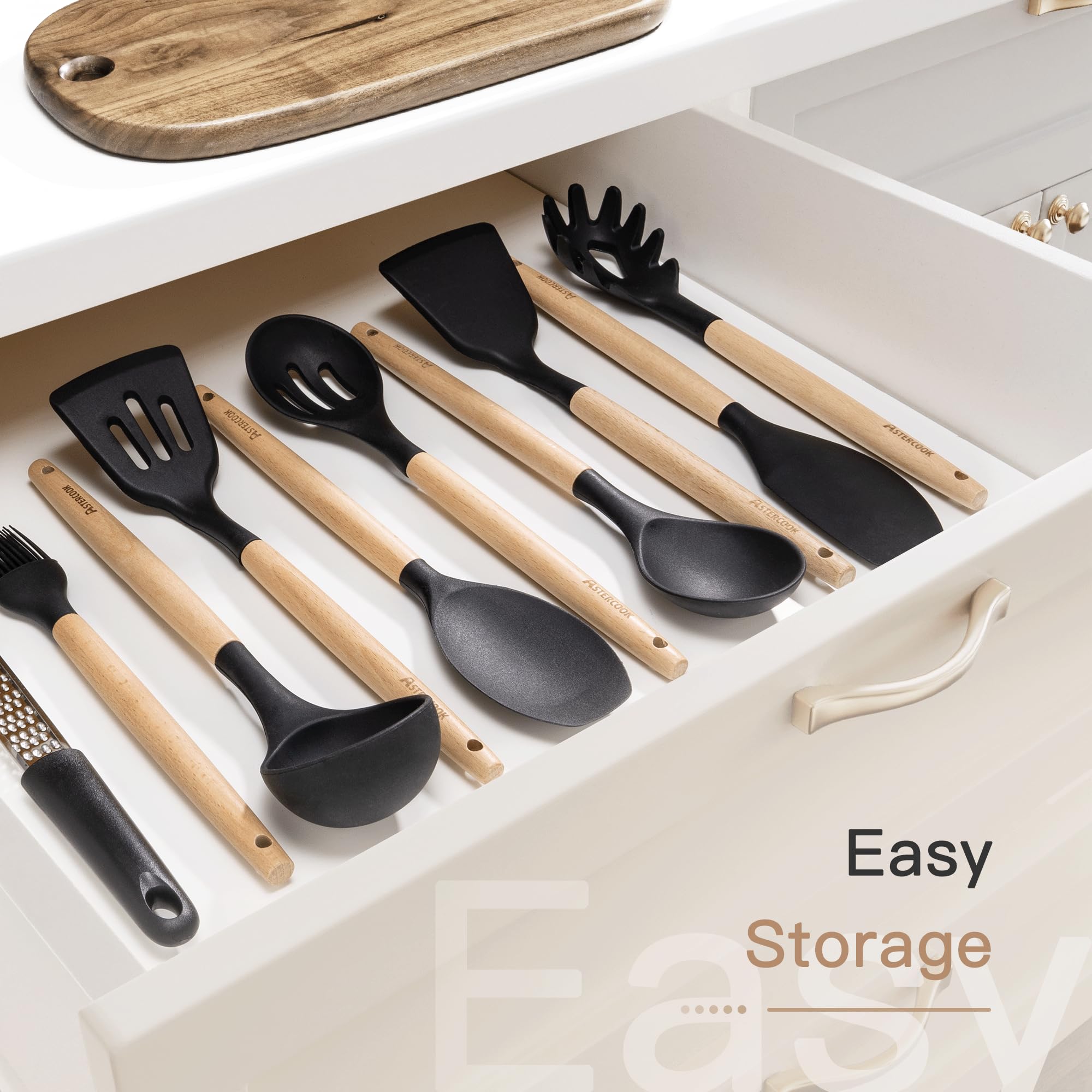 39-Piece Silicone Kitchen Utensil Set with Wooden Handles – Heat Resistant & Non-Stick Safe (Black)