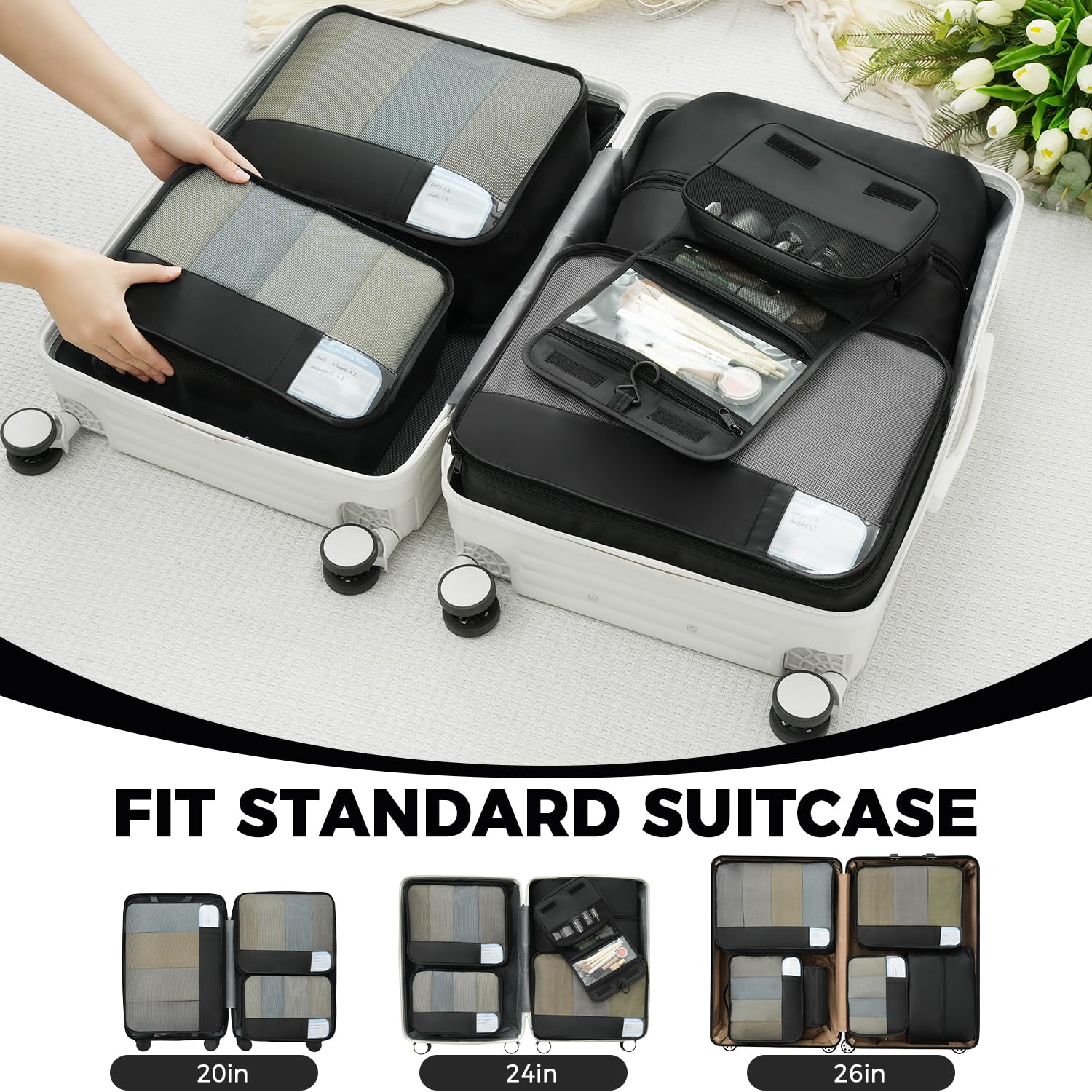 Travel Packing Cubes Organizer Set for Suitcase – Lightweight Luggage Storage Bags with Mesh Panel for Organized Travel (Black)