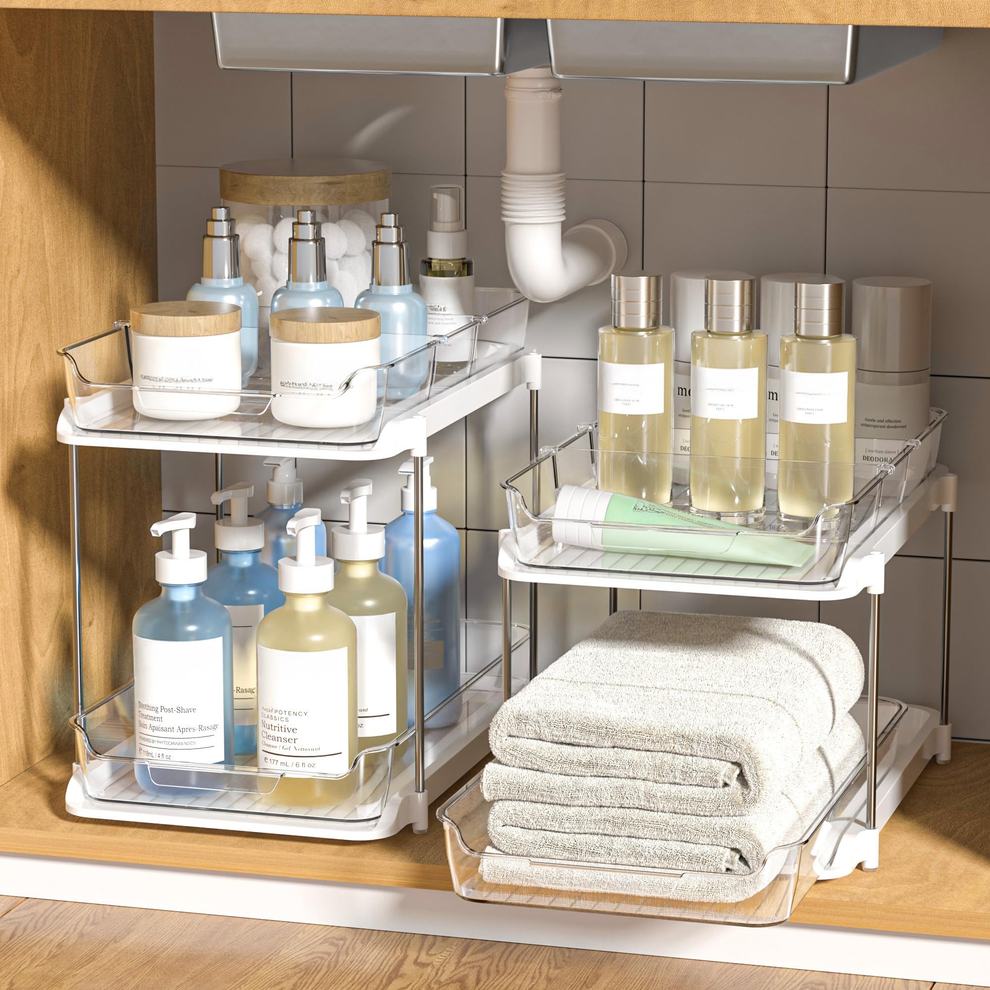 DELAMU 2-Tier Stackable Under Sink Organizer (2-Pack) – Pull-Out Acrylic Cabinet Storage with Adjustable Dividers (White)