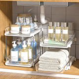 DELAMU 2-Tier Stackable Under Sink Organizer (2-Pack) – Pull-Out Acrylic Cabinet Storage with Adjustable Dividers (White)