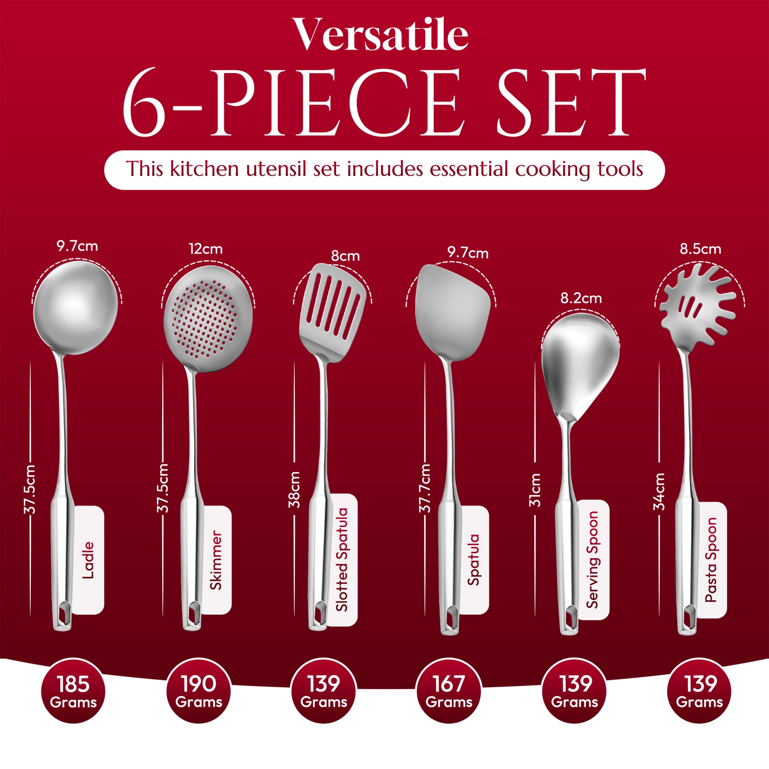 6-Piece Premium Stainless Steel Cooking Utensil Set with Ergonomic Handles – Silver