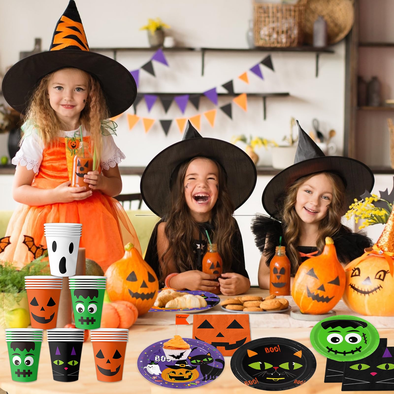 Halloween Party Supplies Set for 24 Guests – Includes Plates, Cups, Napkins, Tablecloth, Banner & Hanging Swirls – Complete Halloween Tableware & Decorations Kit