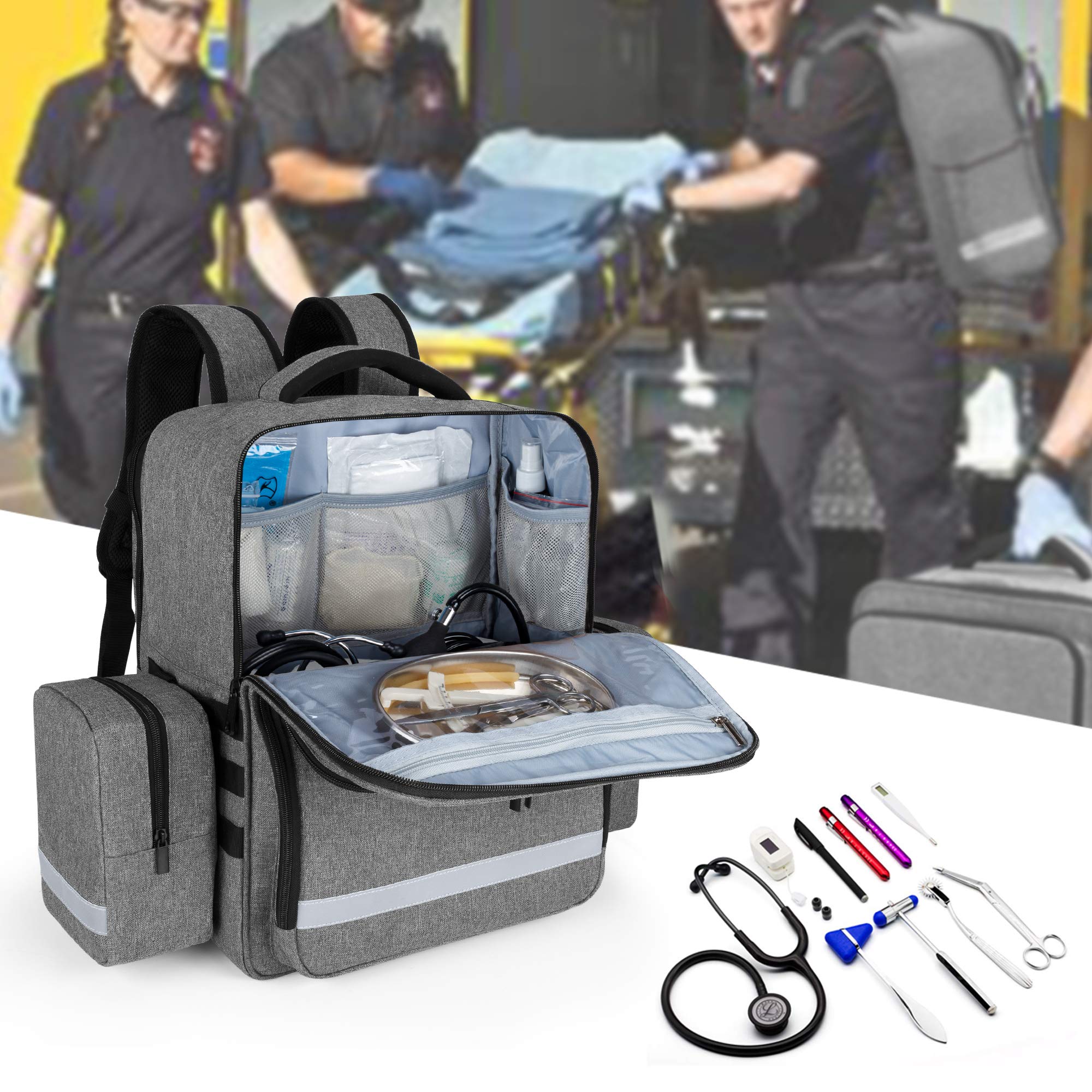 TRUNAB Emergency Medical Backpack – Modular EMT-Style Organizer with Detachable Side Pockets & Non-Slip Base (Grey)