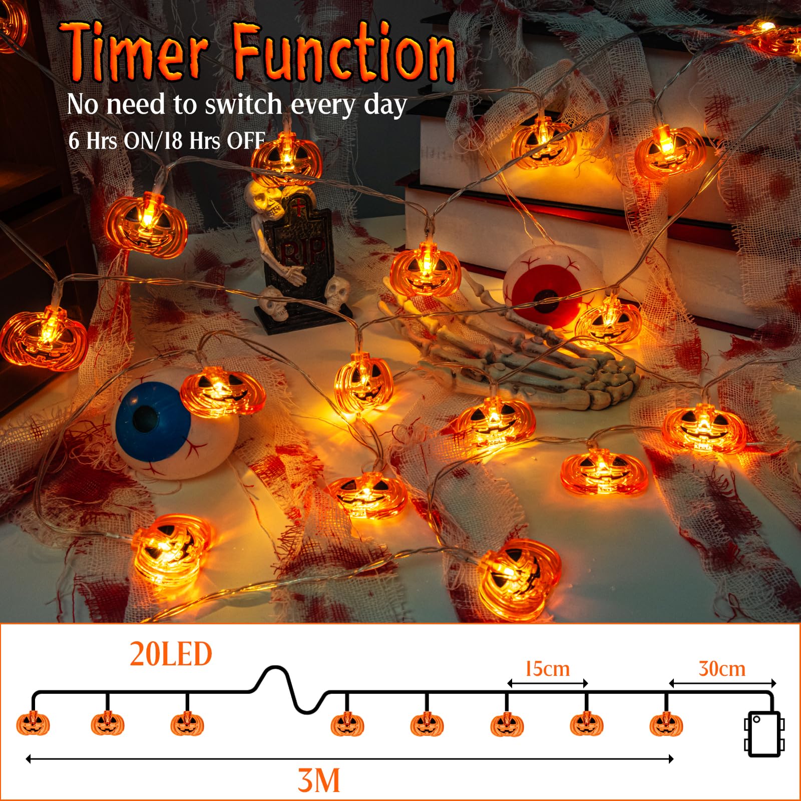 10FT Battery-Powered Pumpkin Halloween String Lights – 20 LED Jack-O’-Lanterns with 8 Modes & Timer (IP65 Waterproof, Indoor/Outdoor)