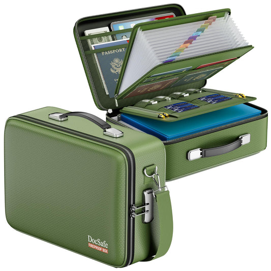 DOCSAFE Fireproof Hard-Shell Document Box with Lock – Portable File Organizer for Home, Office & Travel (Green)