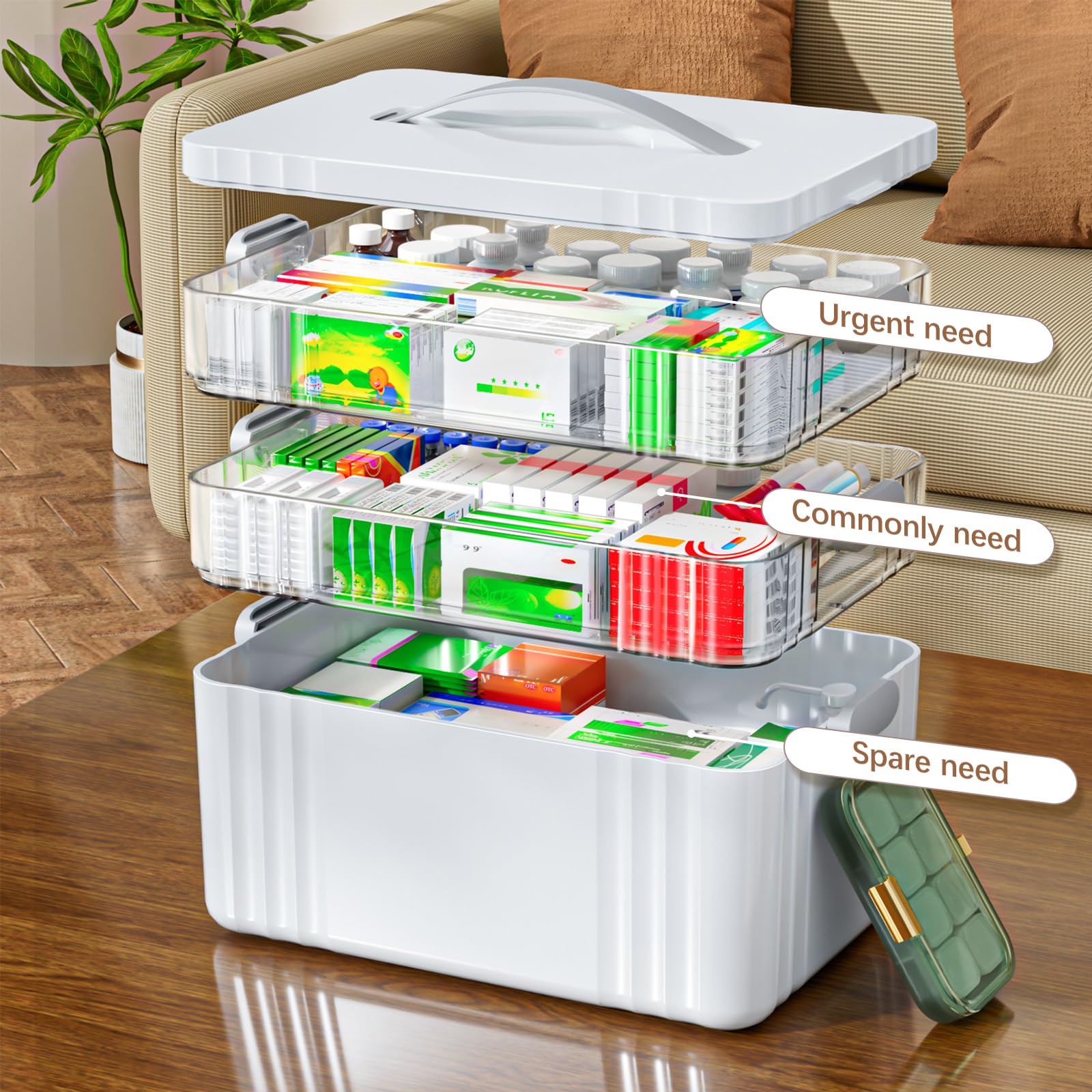 3-Tier Portable Medicine Organizer Box – Multipurpose First Aid & Pill Storage Case with Handle, White