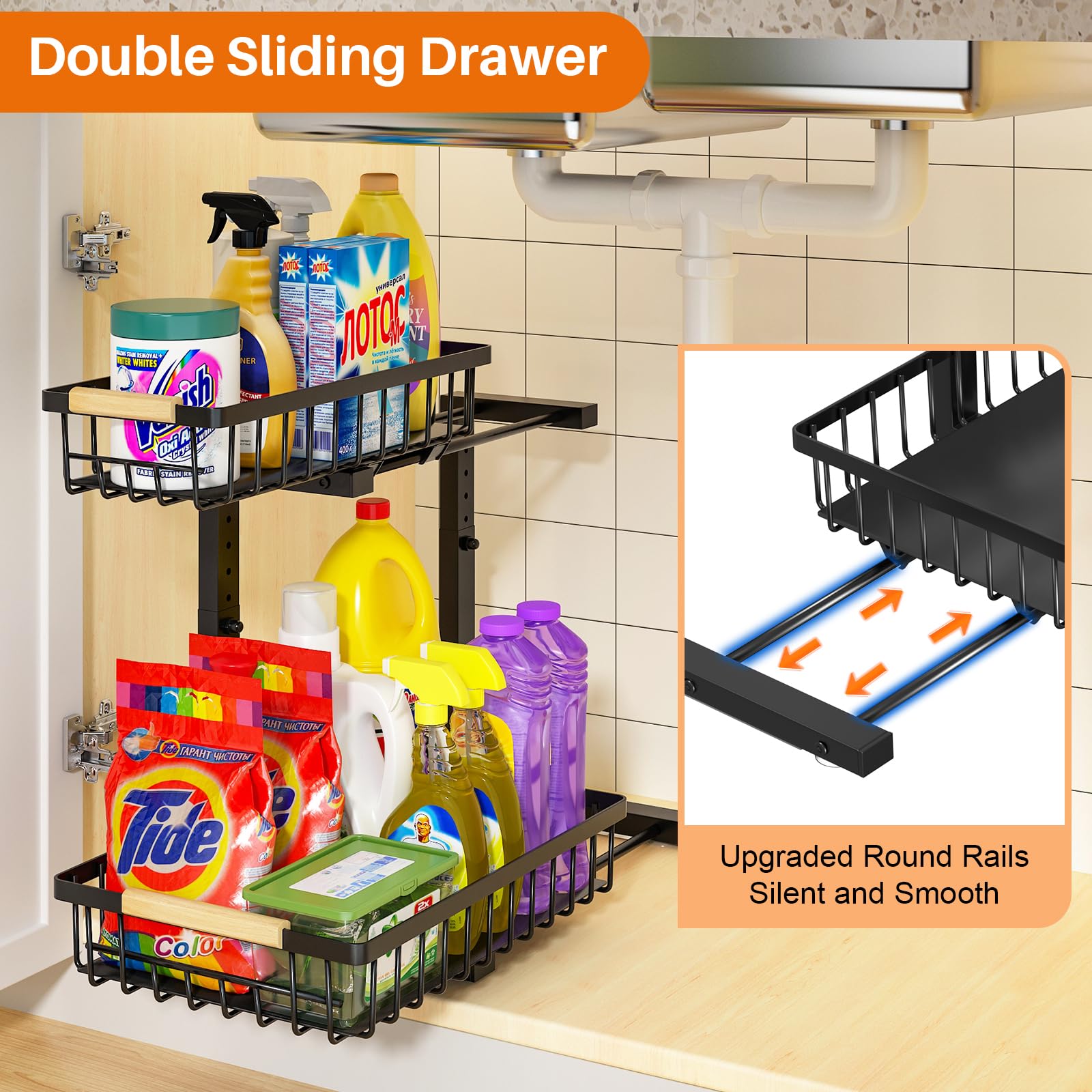 Adjustable L-Shaped Under Sink Organizer – 2-Tier Smooth Sliding Storage System