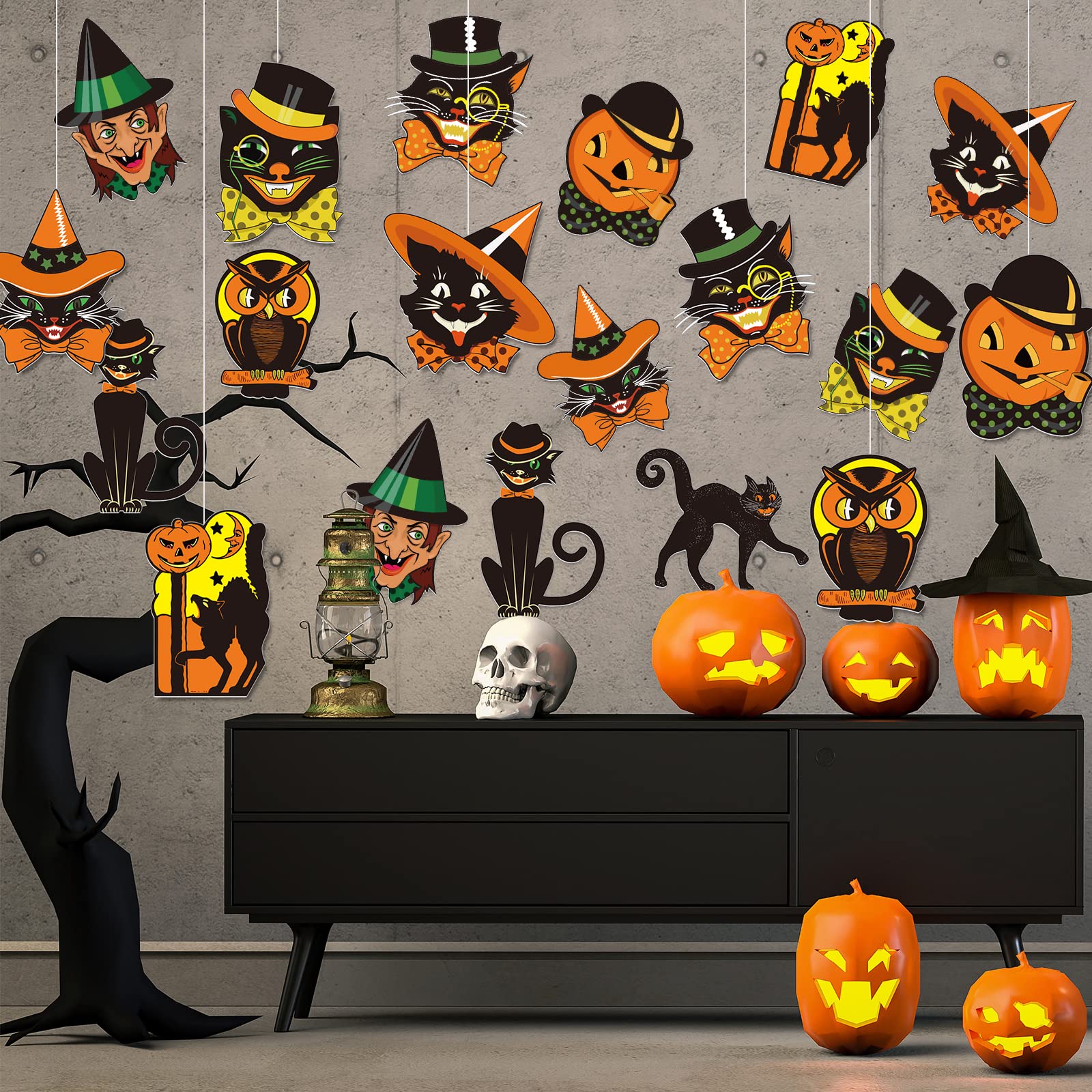 Vintage Halloween Cutouts Set – 40 Retro Paper Decorations with Black Cats, Witches & Owls for Party Decor