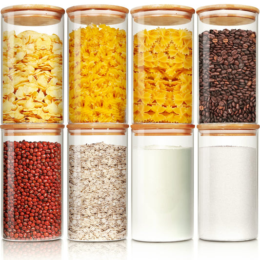 HD Clear Medium Glass Jars with Bamboo Lids – 8-Piece Borosilicate Pantry Storage Set (28 oz)
