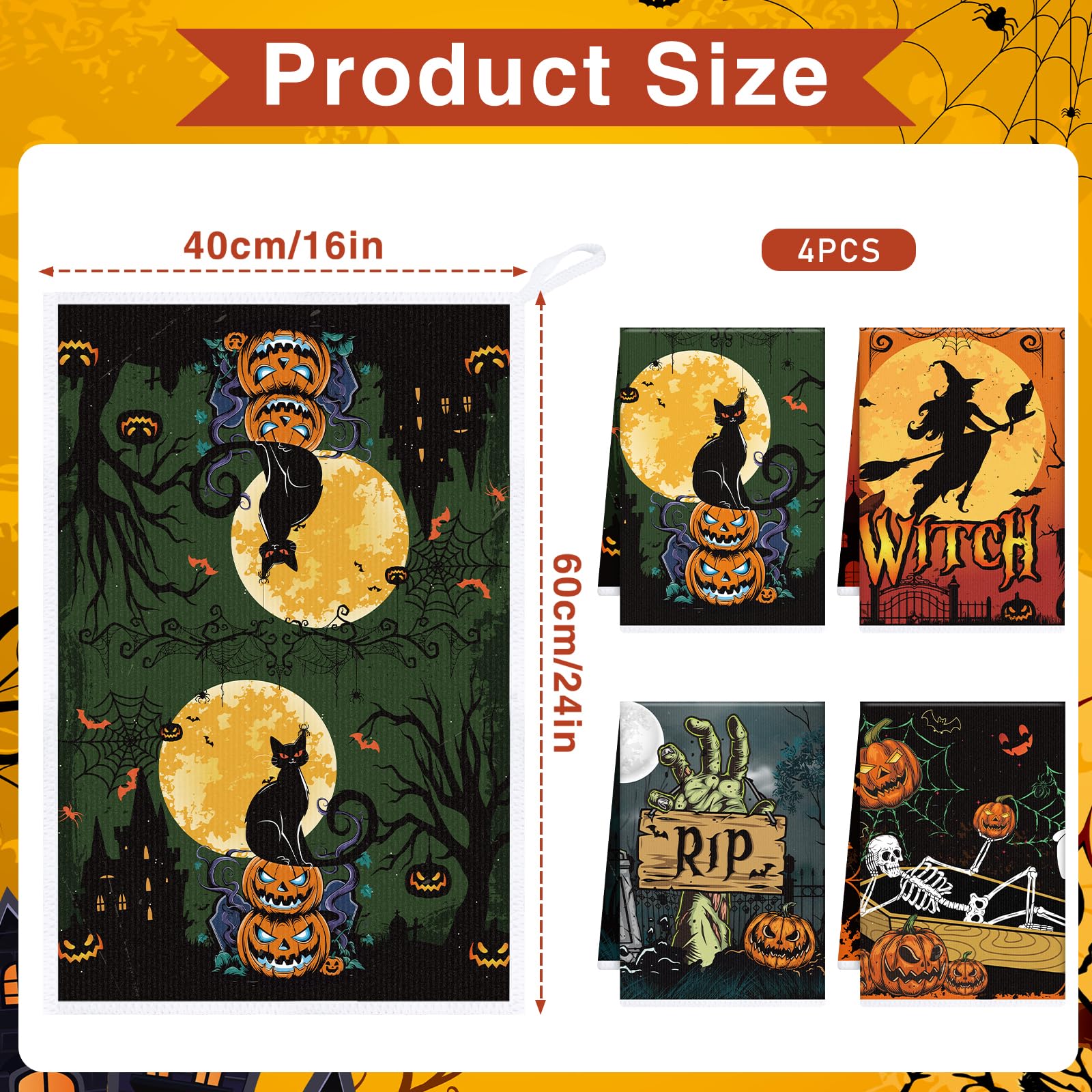 Halloween Kitchen Towels Set of 4 – Spooky Multicolor Microfiber Dish & Hand Towels with Pumpkins and Black Cats