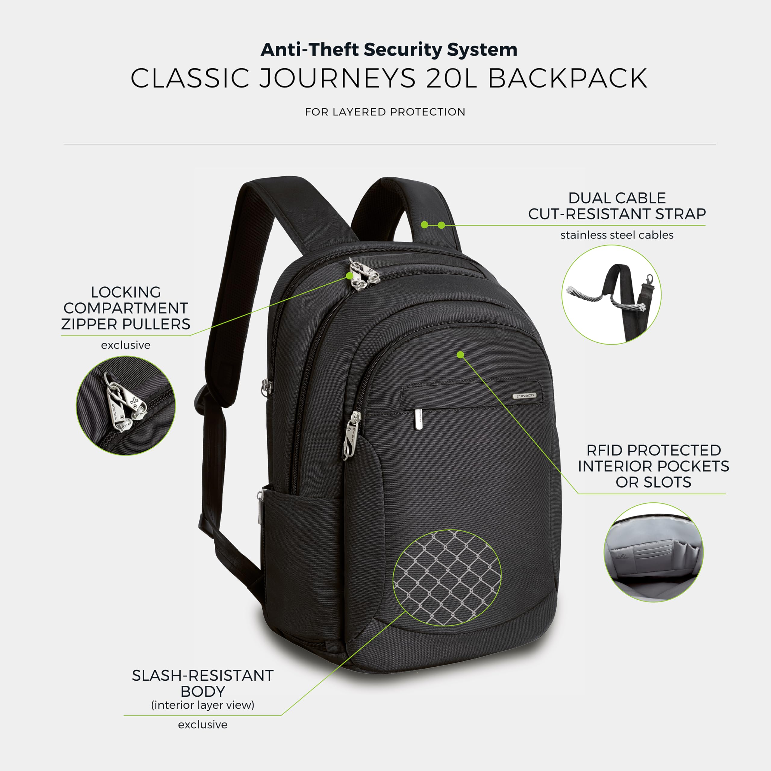 Travelon Classic Large Anti-Theft Backpack – Secure RFID Travel & Commuter Backpack with Dual Laptop Sleeves (Black)