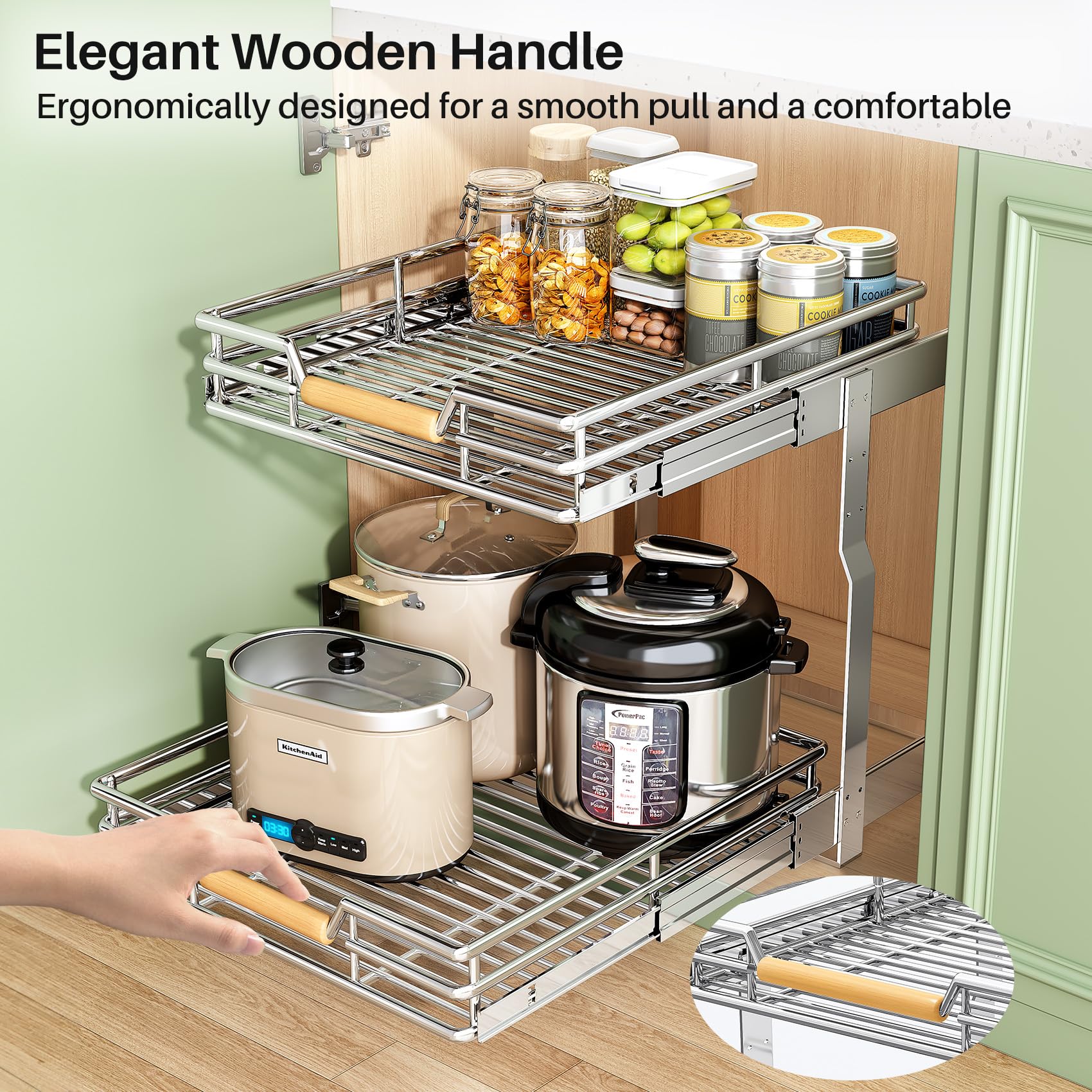 2-Tier Pull-Out Cabinet Organizer – Full-Extension Chrome Slide-Out Shelves with Wooden Handle