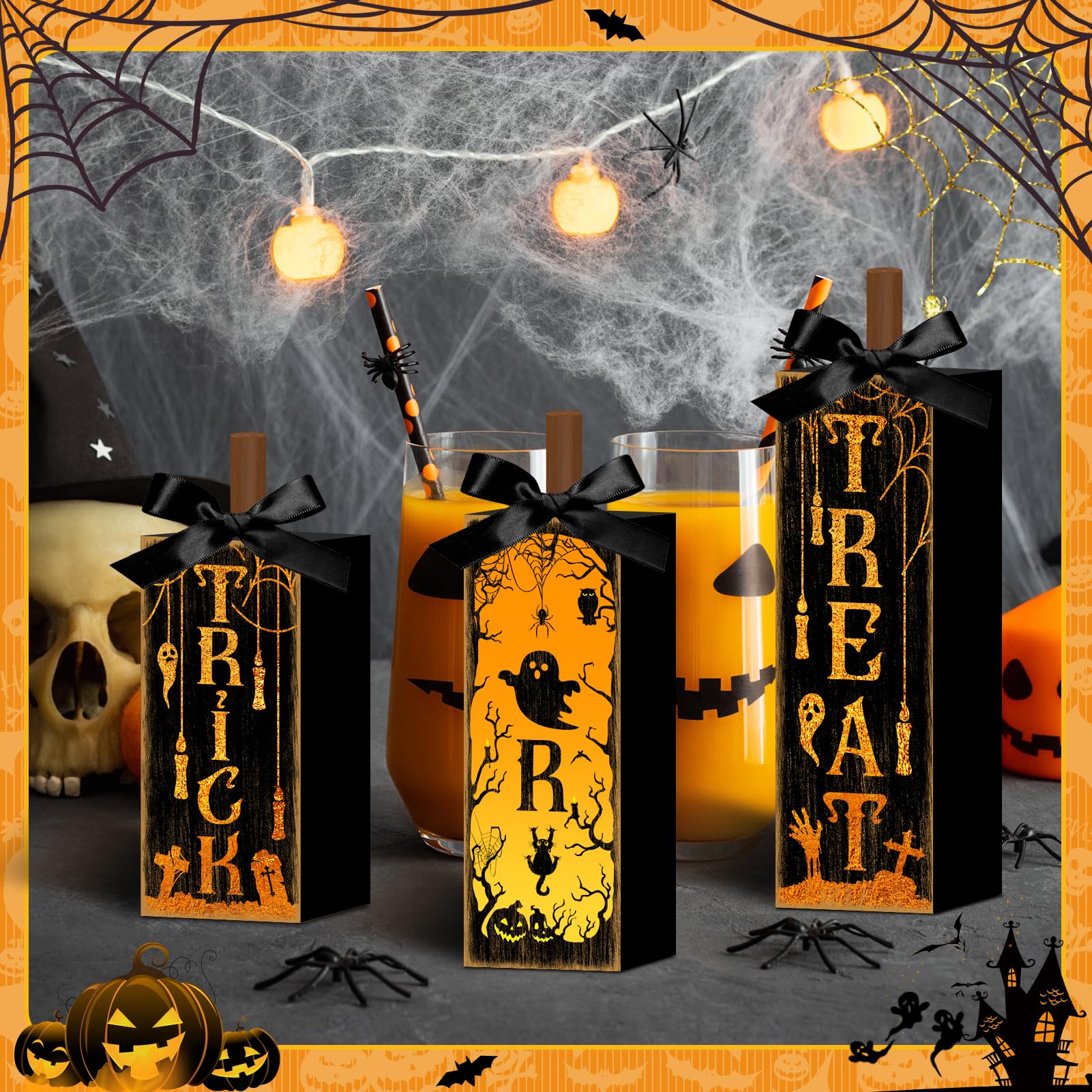 Trick or Treat Wooden Block Set – Halloween Table & Mantel Decor with Pumpkins, Ghosts & Bats