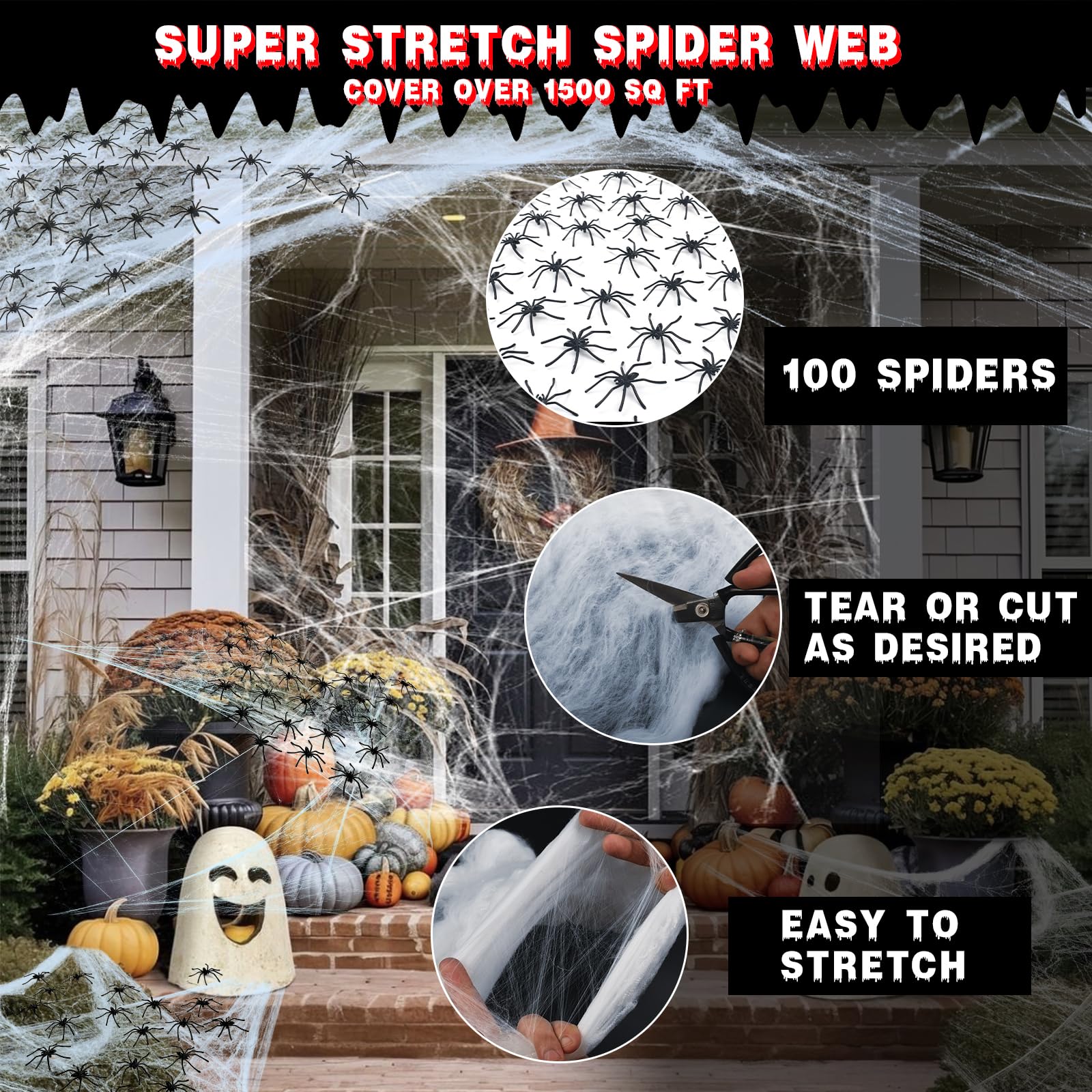 Halloween Spider Web & Creepy Cloth Decoration Set – 1500 Sqft Stretchy Web with 100 Spiders & 2 Black Cloths for Indoor/Outdoor Haunted Décor