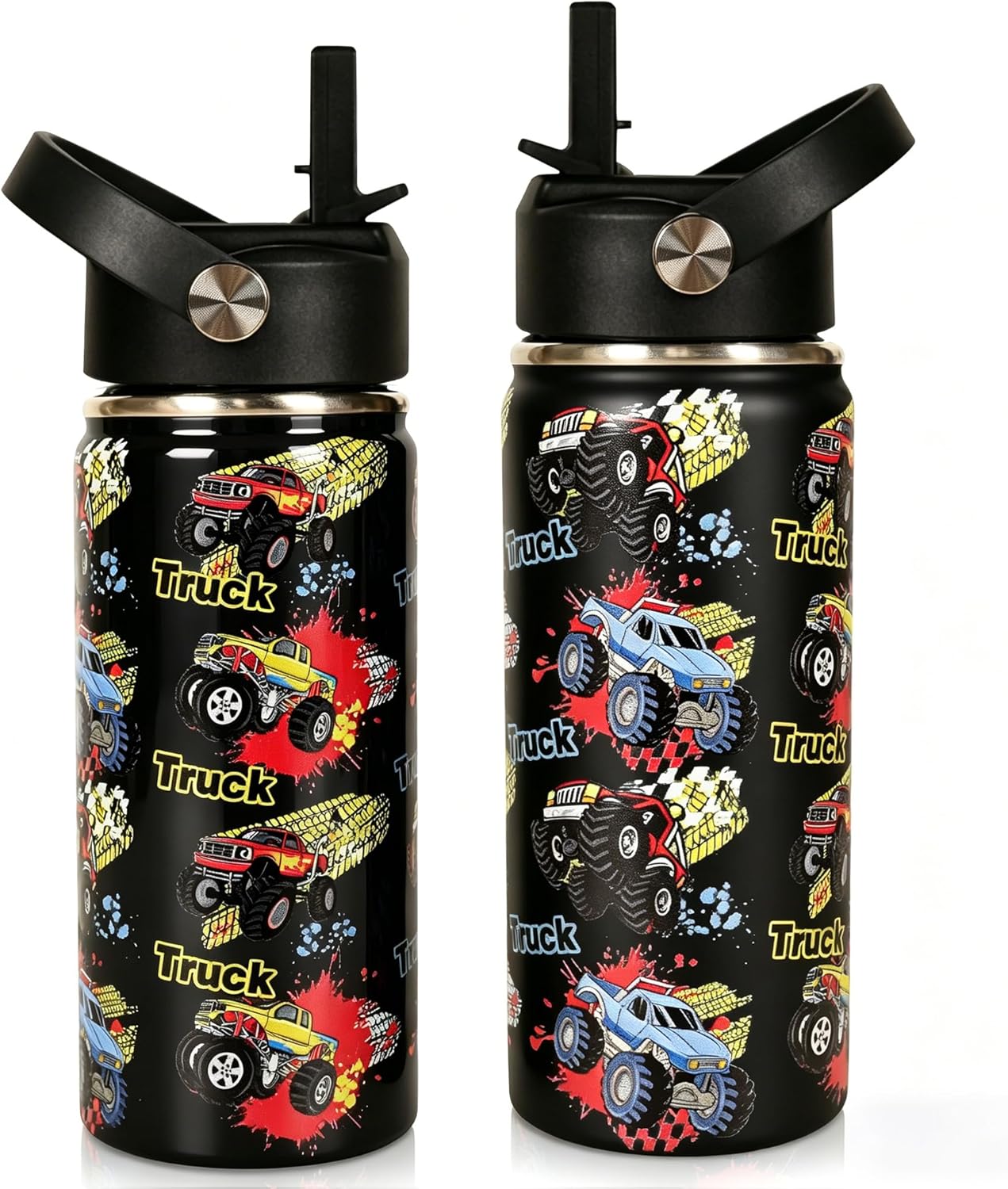16 oz Kids Insulated Water Bottle with Straw – Leakproof Stainless Steel Gaming School Bottle with Carry Handle