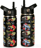 16 oz Kids Insulated Water Bottle with Straw – Leakproof Stainless Steel Gaming School Bottle with Carry Handle