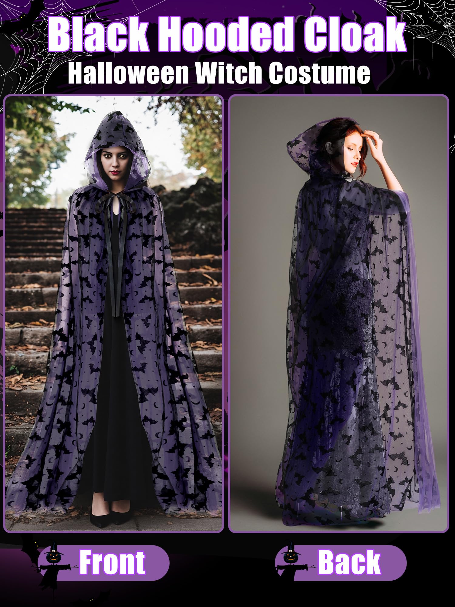 Purple Gothic Witch Lace Cape with Hood – Bat Pattern Halloween Cloak for Women (71" Length)