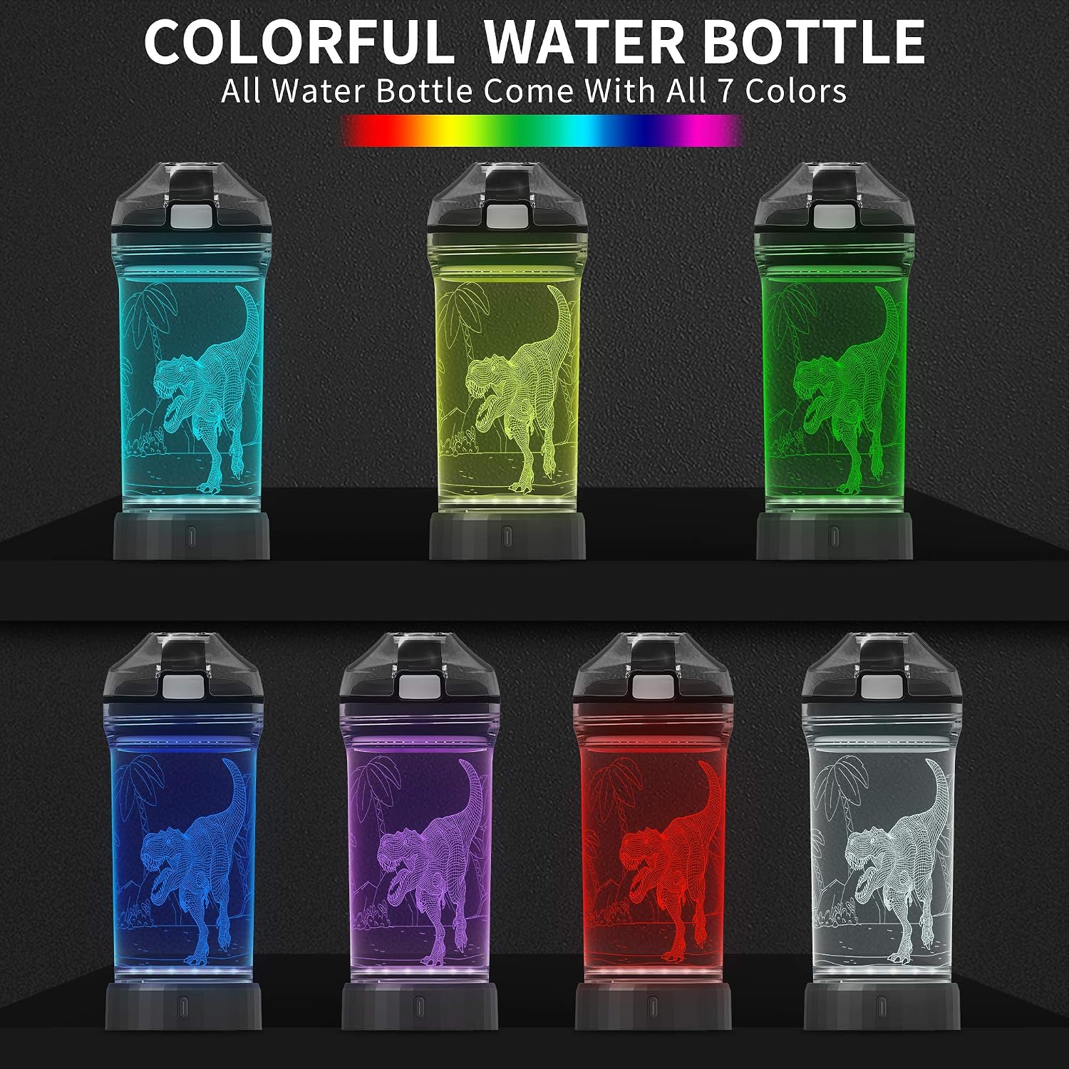 14 oz Kids Dinosaur Light-Up Water Bottle – BPA-Free Leakproof Tritan School Bottle with Carry Strap