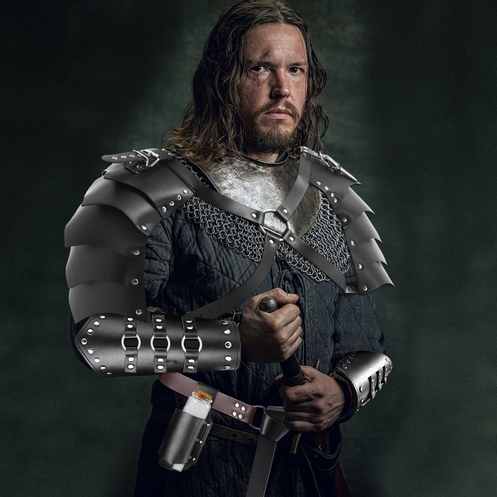 Black Medieval Knight Costume Set – Hooded Cloak, Armor, Belt & Potion Bottle for Halloween ⚔️🖤