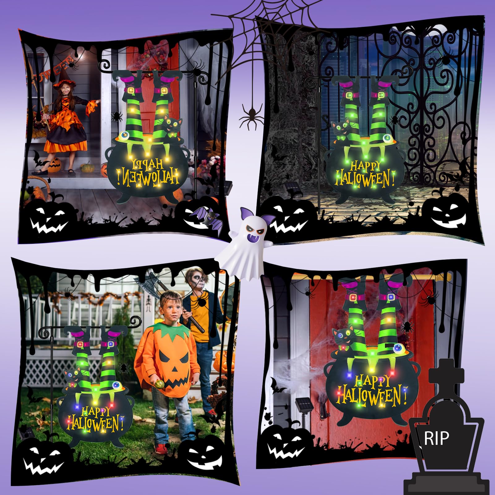 12x18 Halloween Garden Flag with Solar LED Lights – Multi-Colored Double-Sided Cat & Eyeball Cauldron Yard Decoration