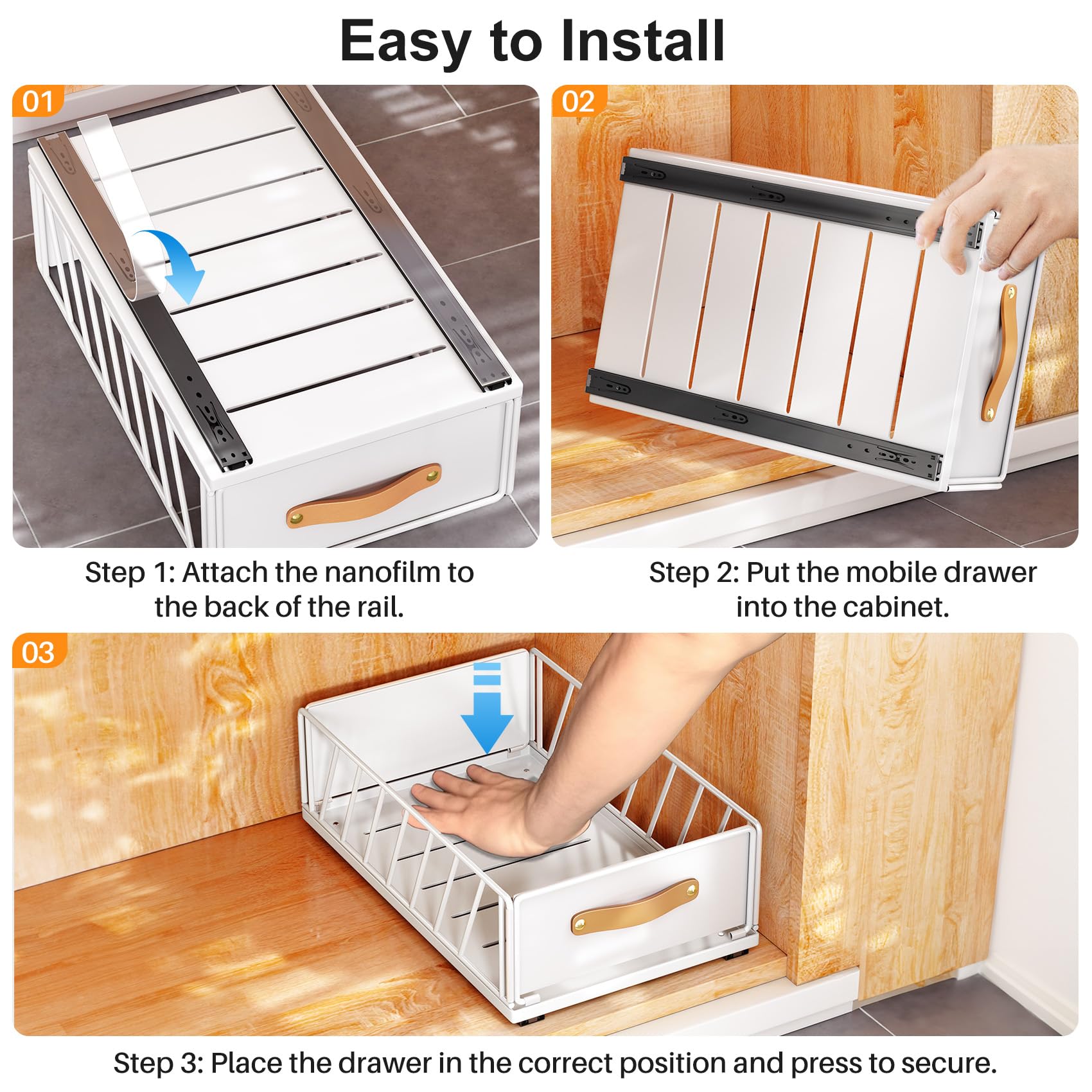 No-Drill Pull-Out Cabinet Organizer – Frameless Cabinets Only, Silent Full-Extension Drawer with Leather Handle (White)
