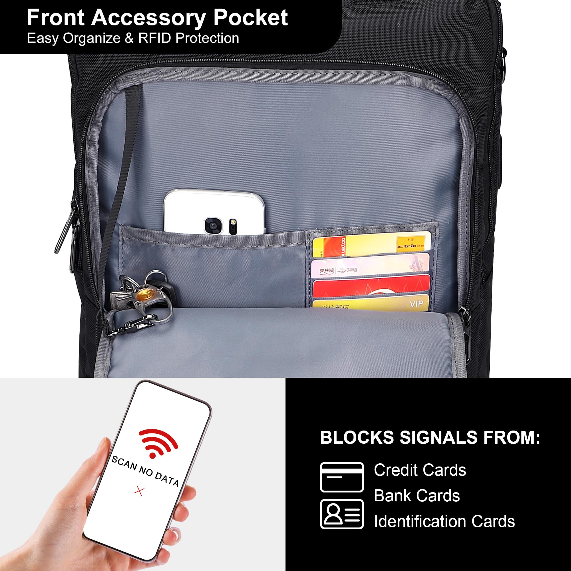 PIJUSHI 3-in-1 Convertible Laptop Backpack – Flight-Approved Personal Item with USB Charging & RFID Blocking (Black)