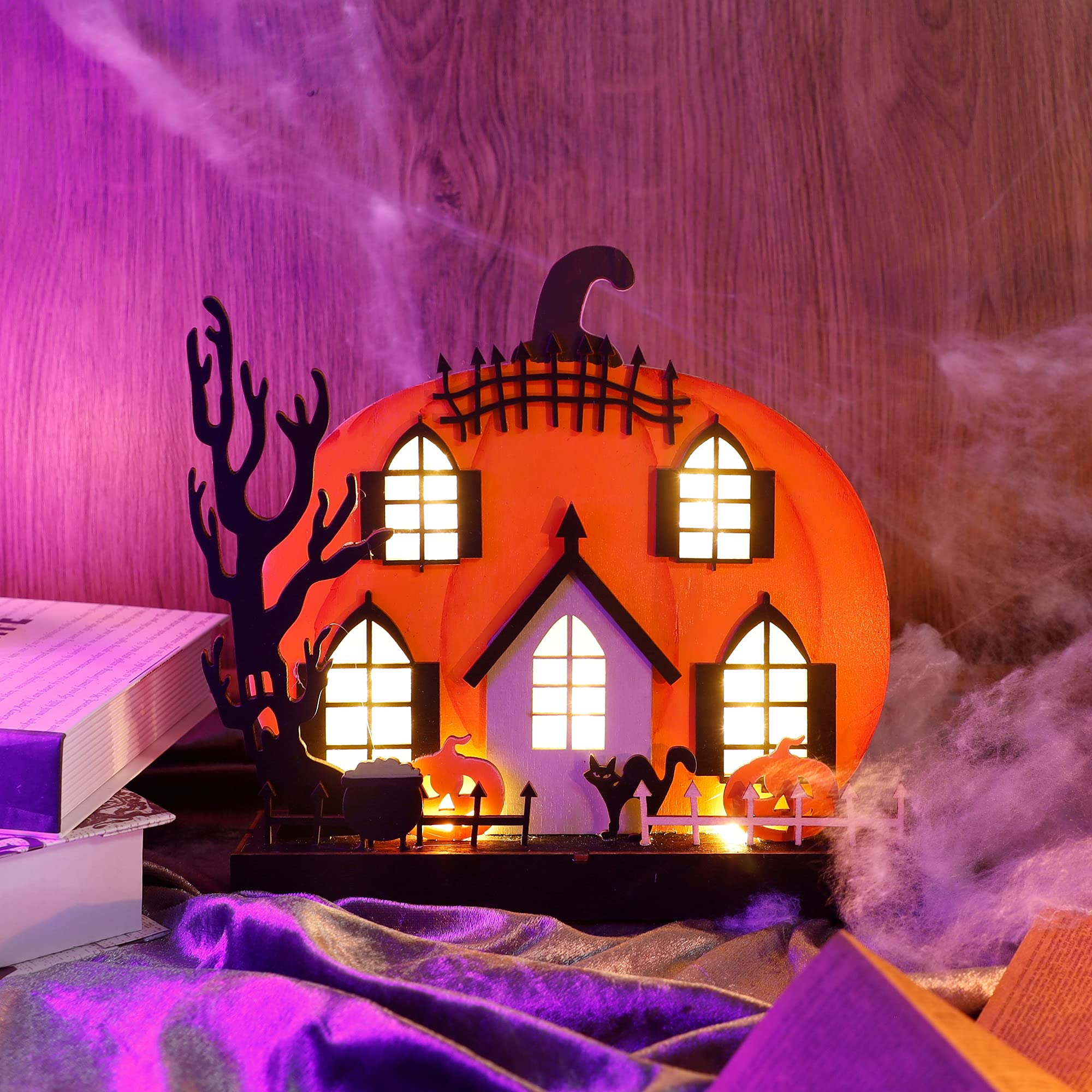 Lulu Home Light-Up Wooden Pumpkin House 🎃 Halloween Tabletop Décor with Ghosts, Cat & Witch Pot
