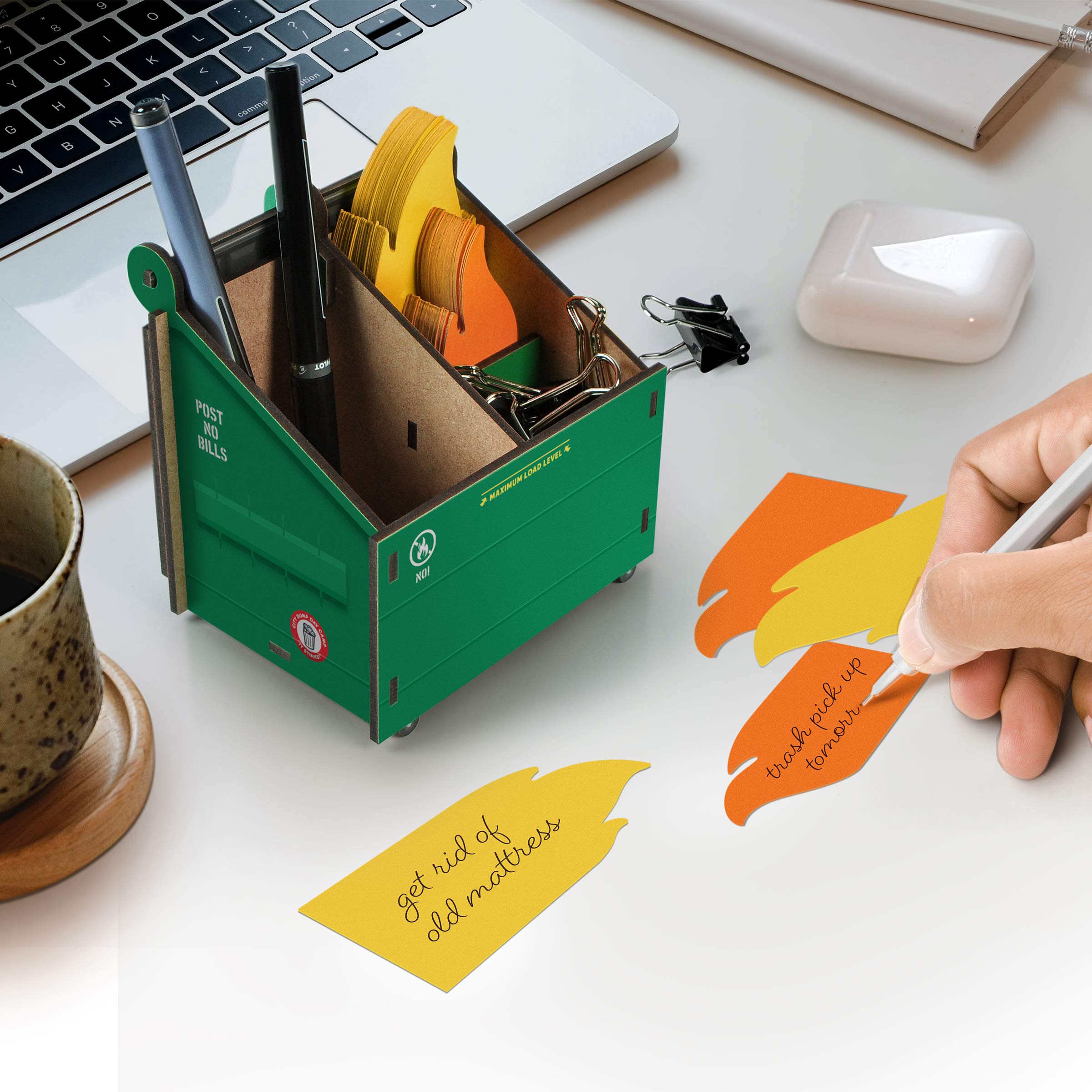 Genuine Fred Desk Dumpster Pencil Holder Funny 3-Compartment Office Organizer with Flame Note Cards