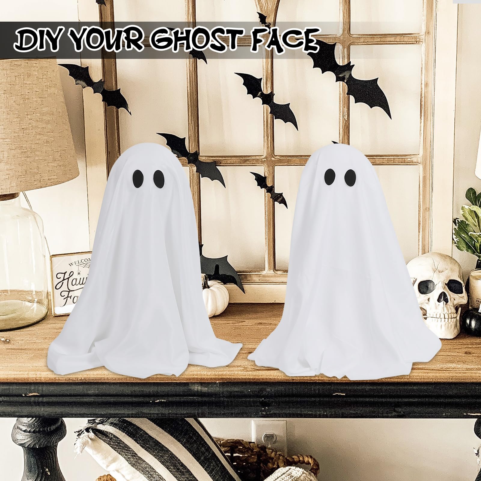 Light-Up Standing Ghost Decorations – 20" White Glowing Halloween Figures with Fabric & LED String Lights (Set of 3)