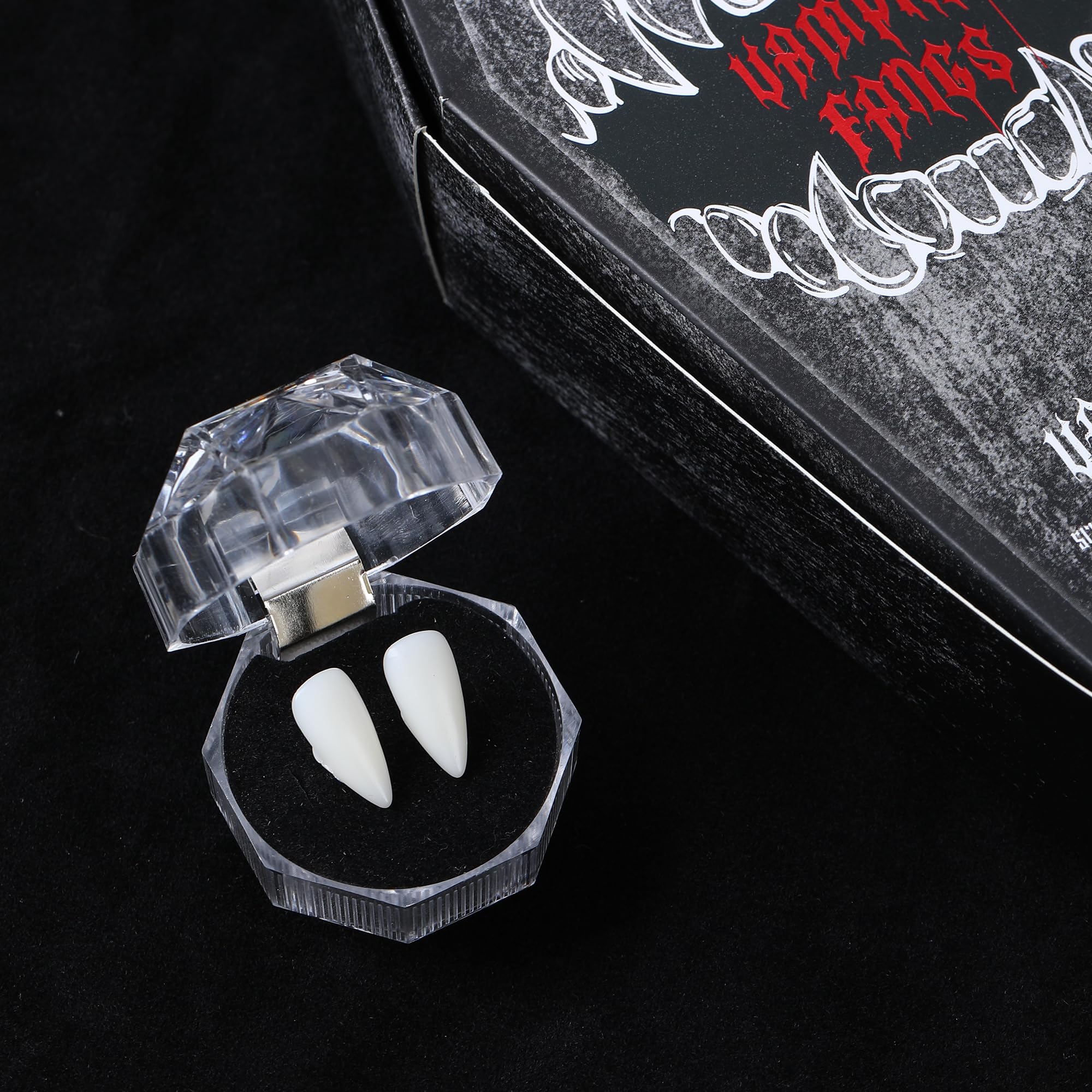 Vampire Fangs Set with Coffin Box – 4 Sizes Realistic White Fake Teeth with Adhesive (13mm–19mm)
