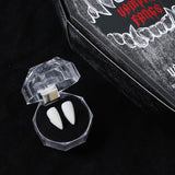 Vampire Fangs Set with Coffin Box – 4 Sizes Realistic White Fake Teeth with Adhesive (13mm–19mm)