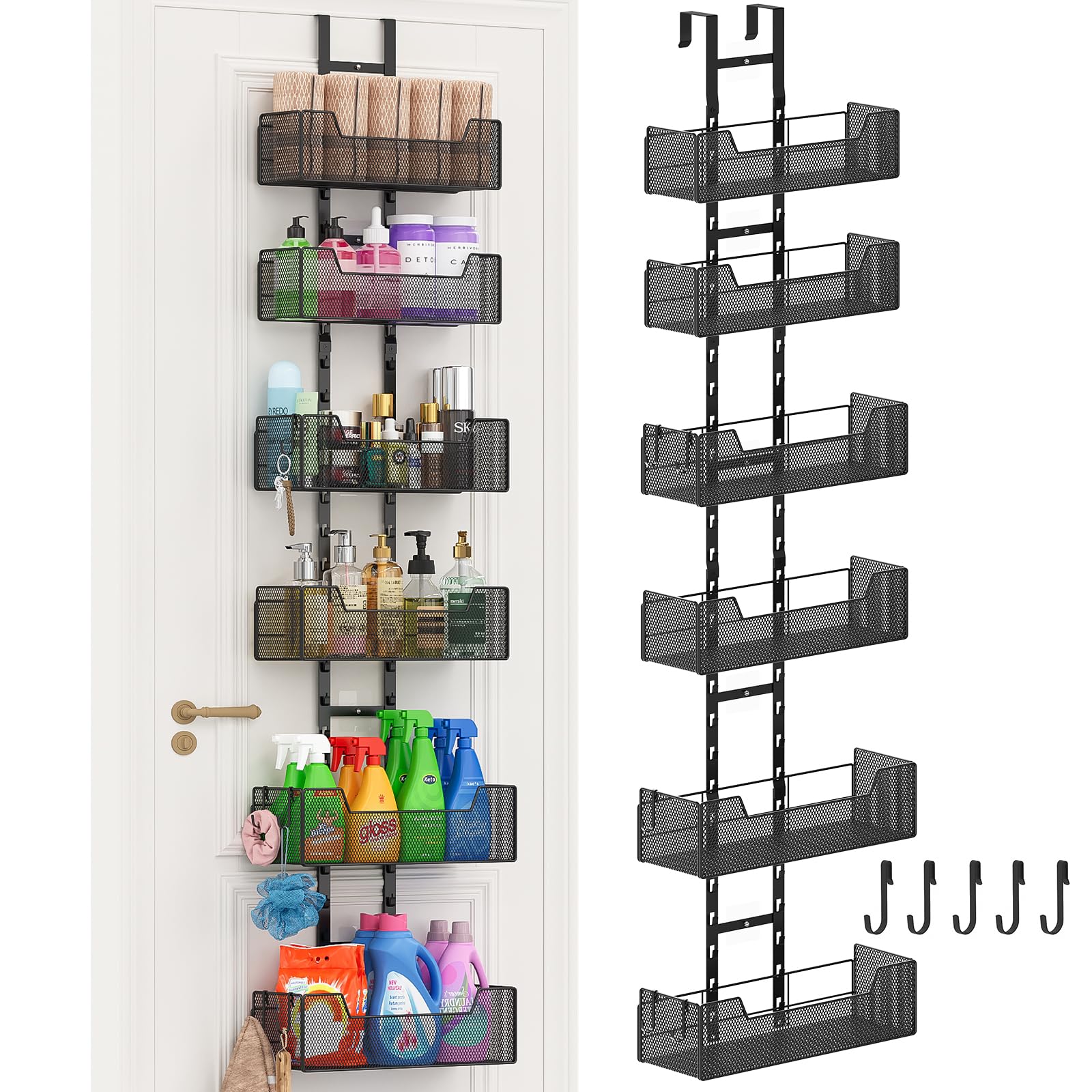 Hongtamoya Over-the-Door Metal Storage Organizer – 6 Adjustable Mesh Baskets & Hooks for Closet, Pantry & Bathroom (Black)