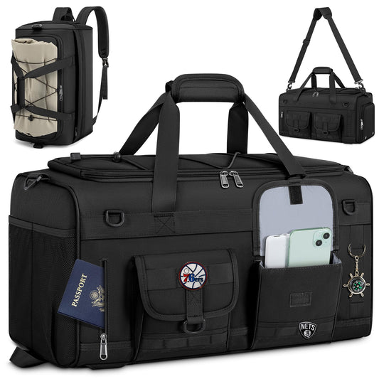 RAINSMORE 45L 3-in-1 Gym Backpack & Duffle Bag – Waterproof Carry-On Weekender with Shoe Compartment (Black)