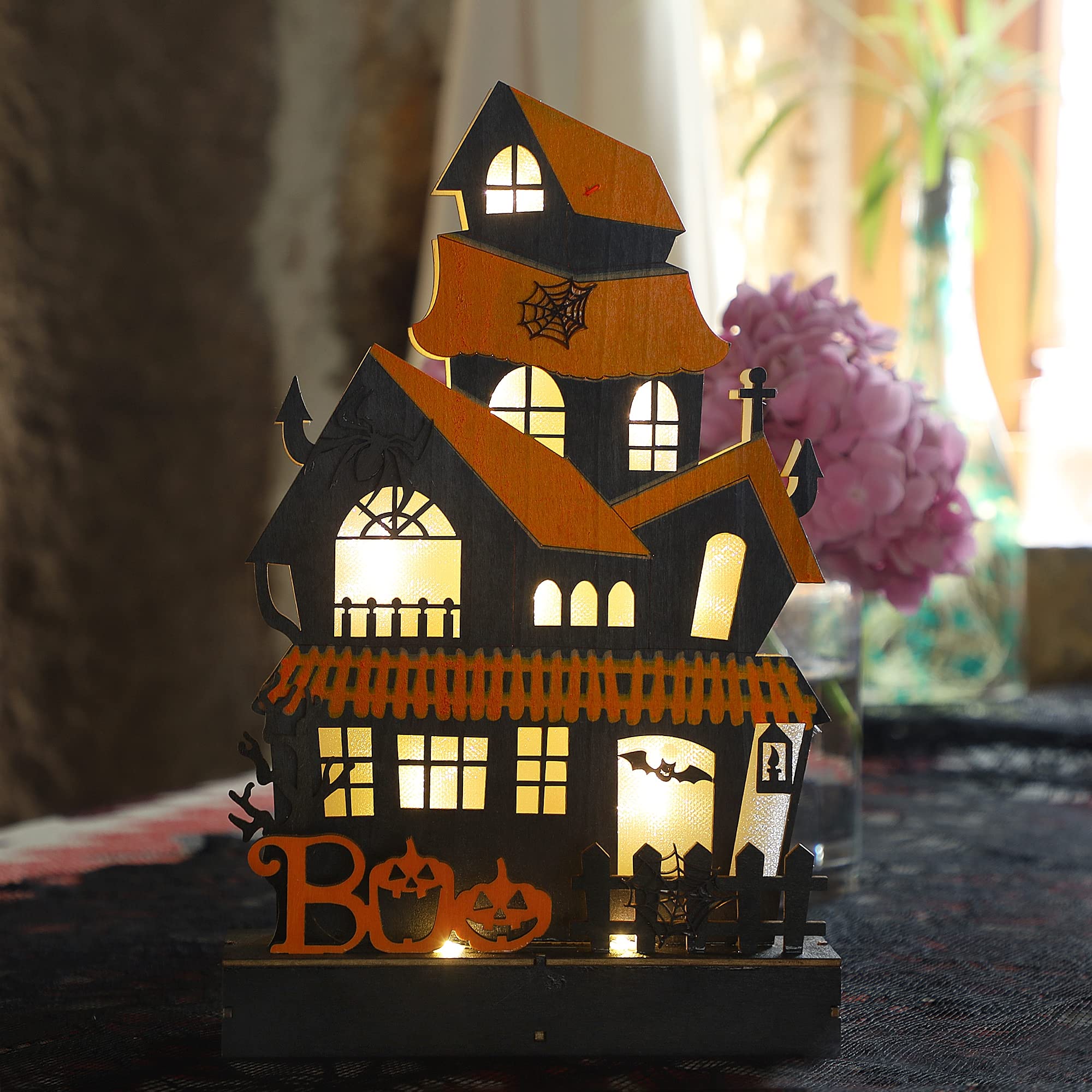 Lulu Home Lighted Wooden Halloween House – Tabletop Boo Villa with LED Lights & Classic Spooky Design (Orange, 10.6x6.7 in)