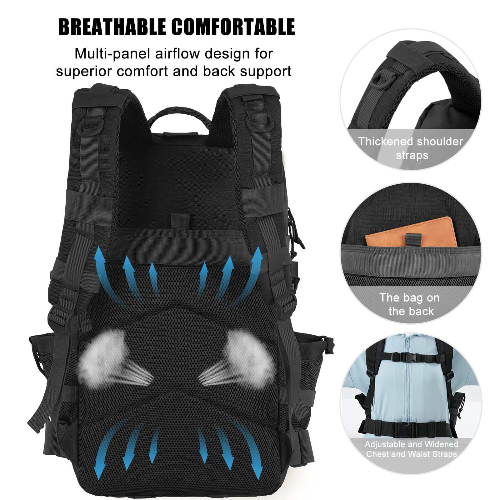 Kookoomia 50L Military Tactical Backpack – Heavy-Duty MOLLE 3-Day Assault Pack, Black