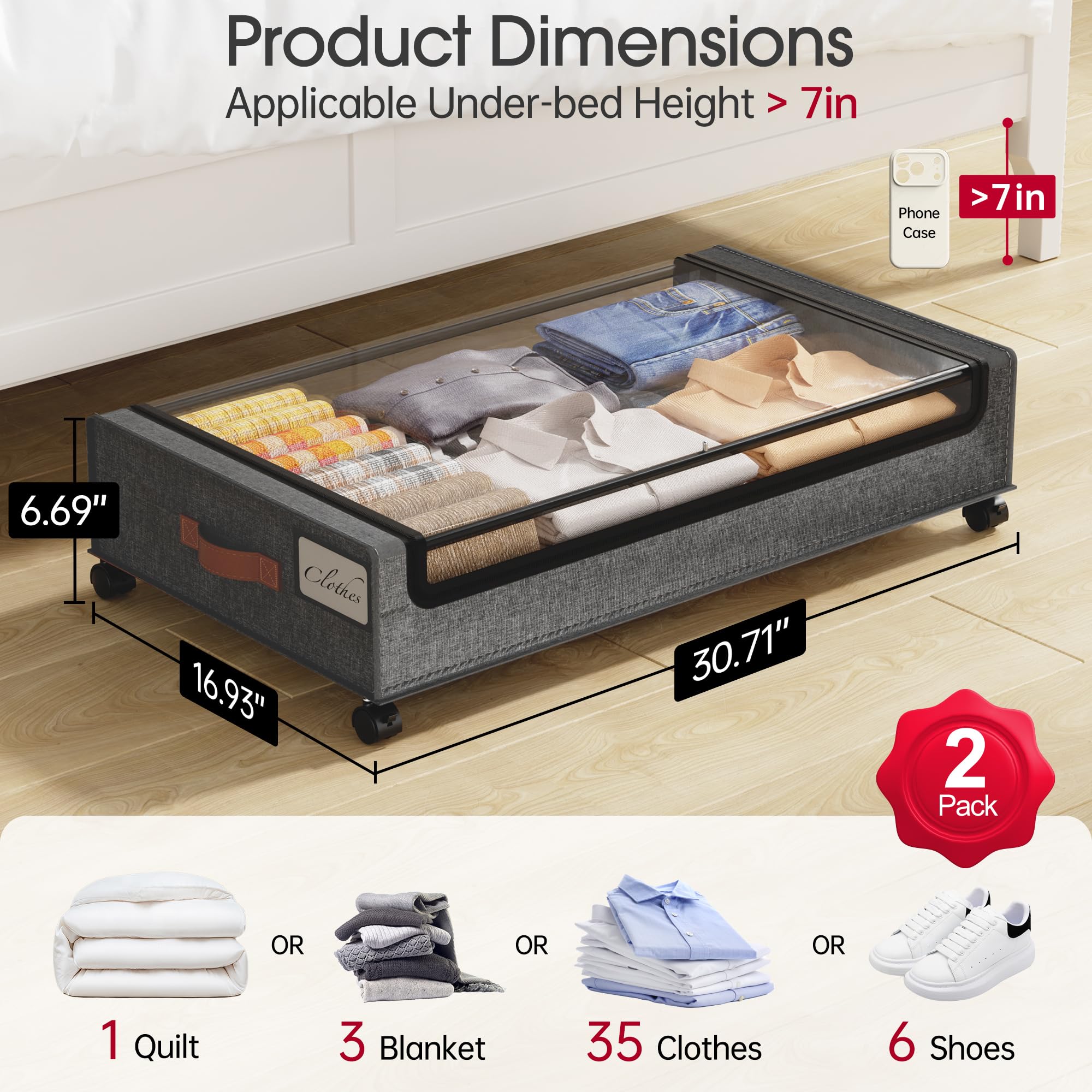 Under Bed Storage Organizer with Wheels – Heavy-Duty Rolling Storage Bin (Grey)