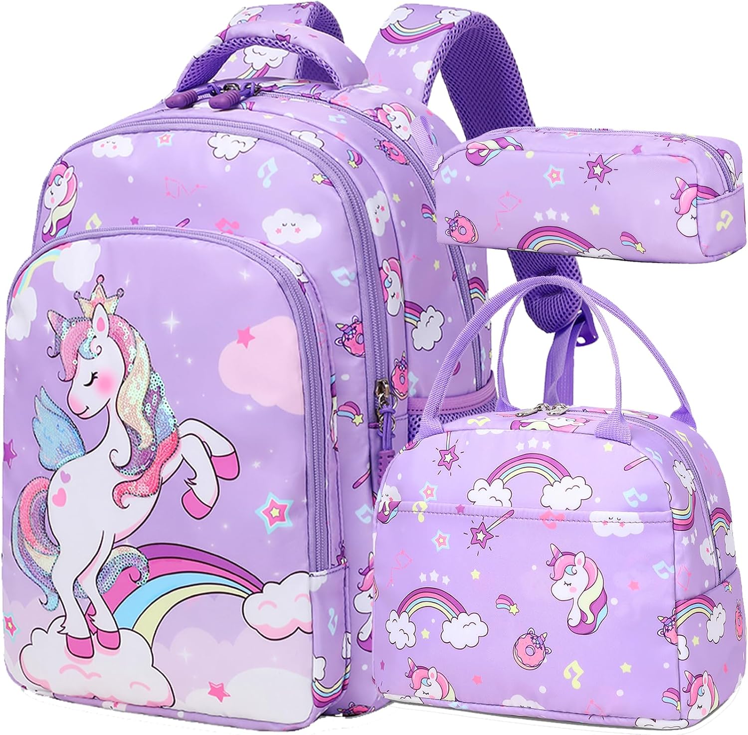 Purple Unicorn School Backpack Set with Lunch Bag