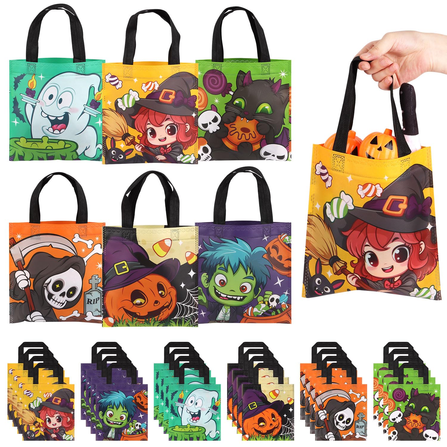CCINEE 24pcs Halloween Non-Woven Treat Bags for Kids, Large Totes Bags Bulk Trick Or Treat Party Favor Goodies Gifts Bag with Handles for Party