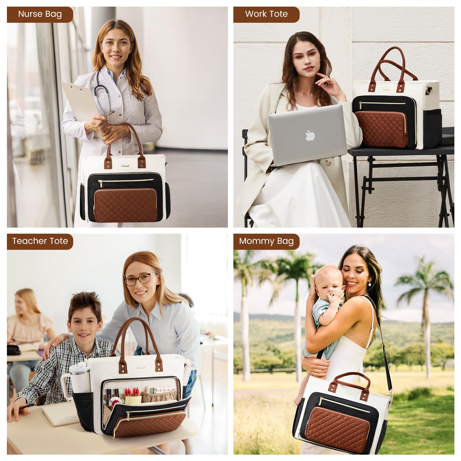 LOVEVOOK Teacher Tote Bag for Women – 15.6” Laptop Work Tote with Large Cup Holder, Multi-Pocket Organization & Luggage Sleeve (Black/Beige/Brown)