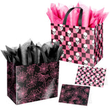 2-Pack Skull Net Halloween Gift Bags with Cards & Tissue Paper – Reusable Black & Pink Tote Style Party Favor Bags