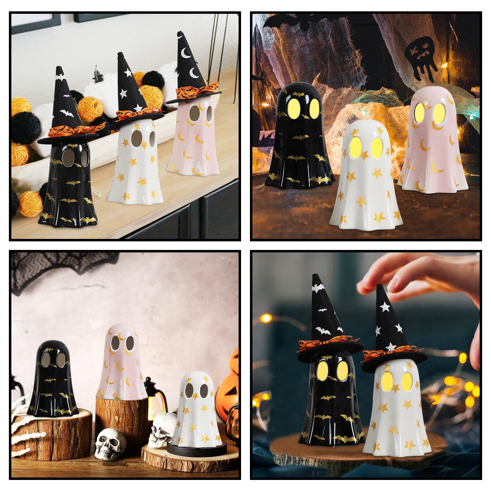 Ceramic Ghost Halloween Décor Set – 3-Piece Light Yellow Ghost Figurines with Witch Hats & Tea Lights