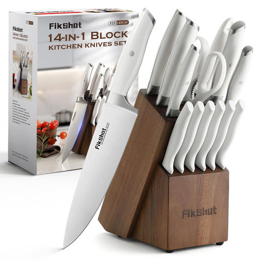 14-Piece Kitchen Knife Block Set with Built-In Sharpener – High-Carbon Stainless Steel (White)