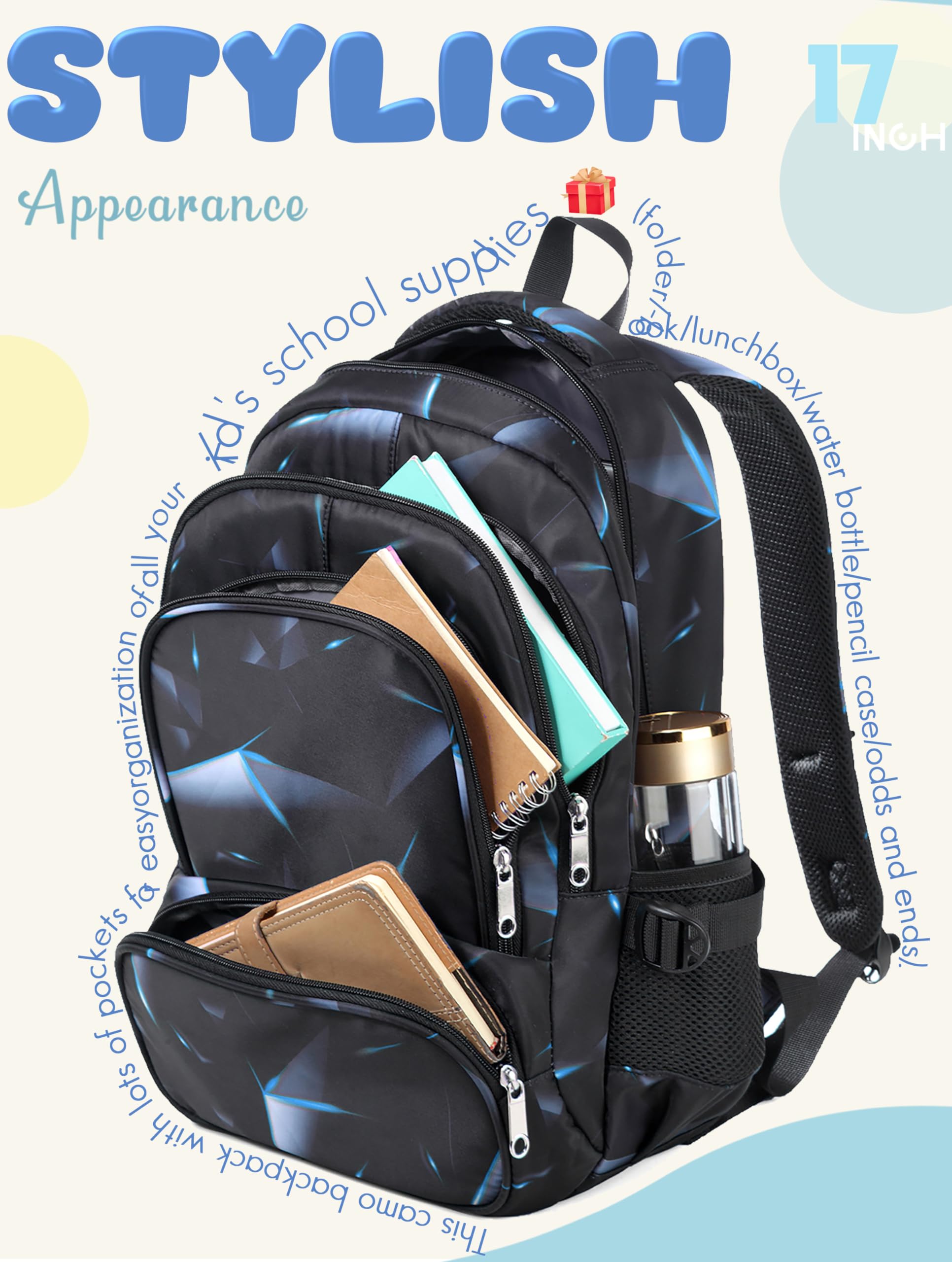 Bluefairy Kids Elementary School Backpack for Boys, Lightweight Bookbag with Padded Straps and Laptop Pocket