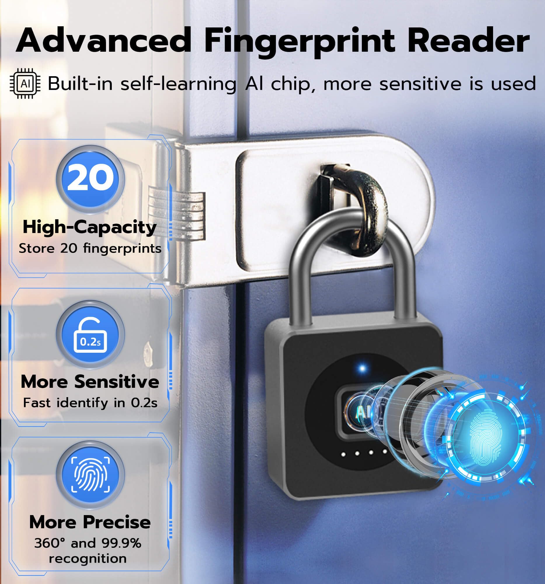 Smart Fingerprint & Passcode Padlock with App Control, USB-C Rechargeable Waterproof Security Lock for Gym, Luggage & Storage