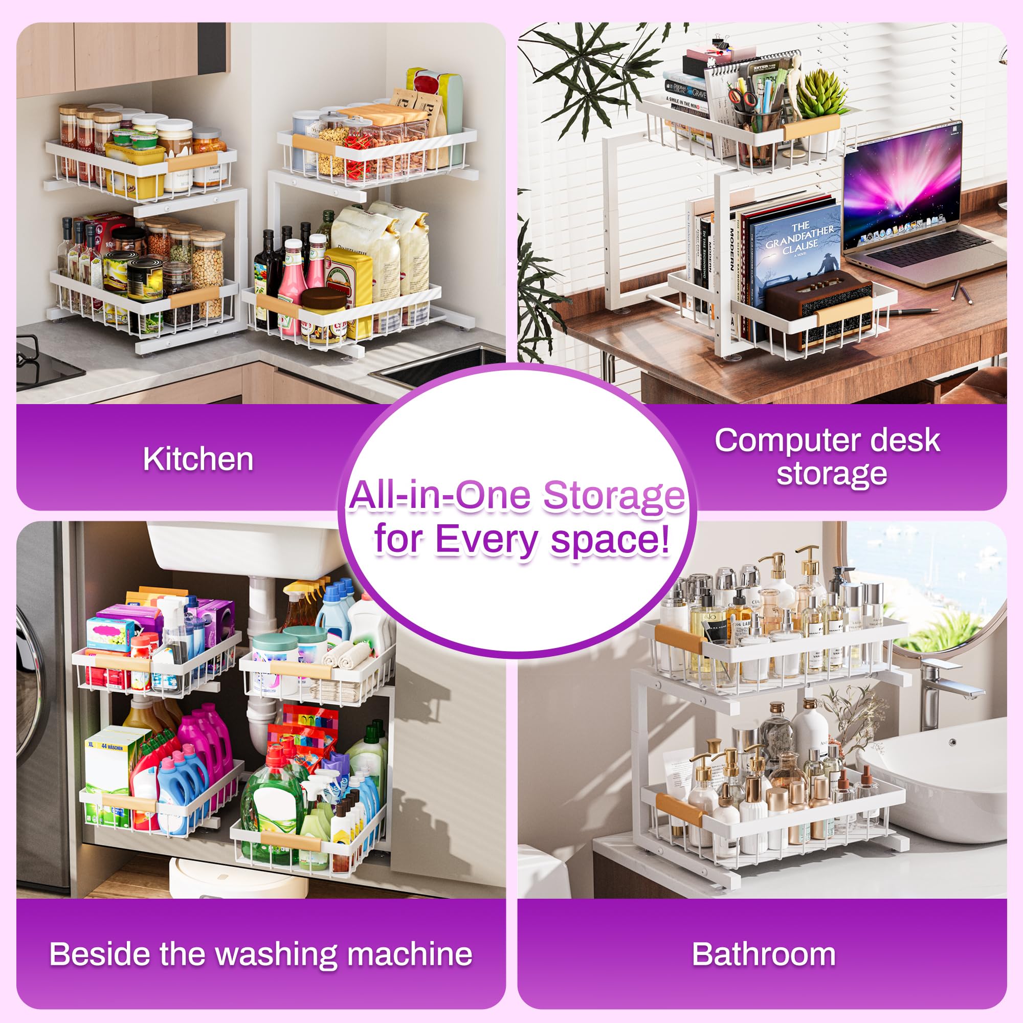 ADBIU White Adjustable Under Sink Organizer – 2-Tier Pull-Out Cabinet Storage with Expandable Height (2 Pack)