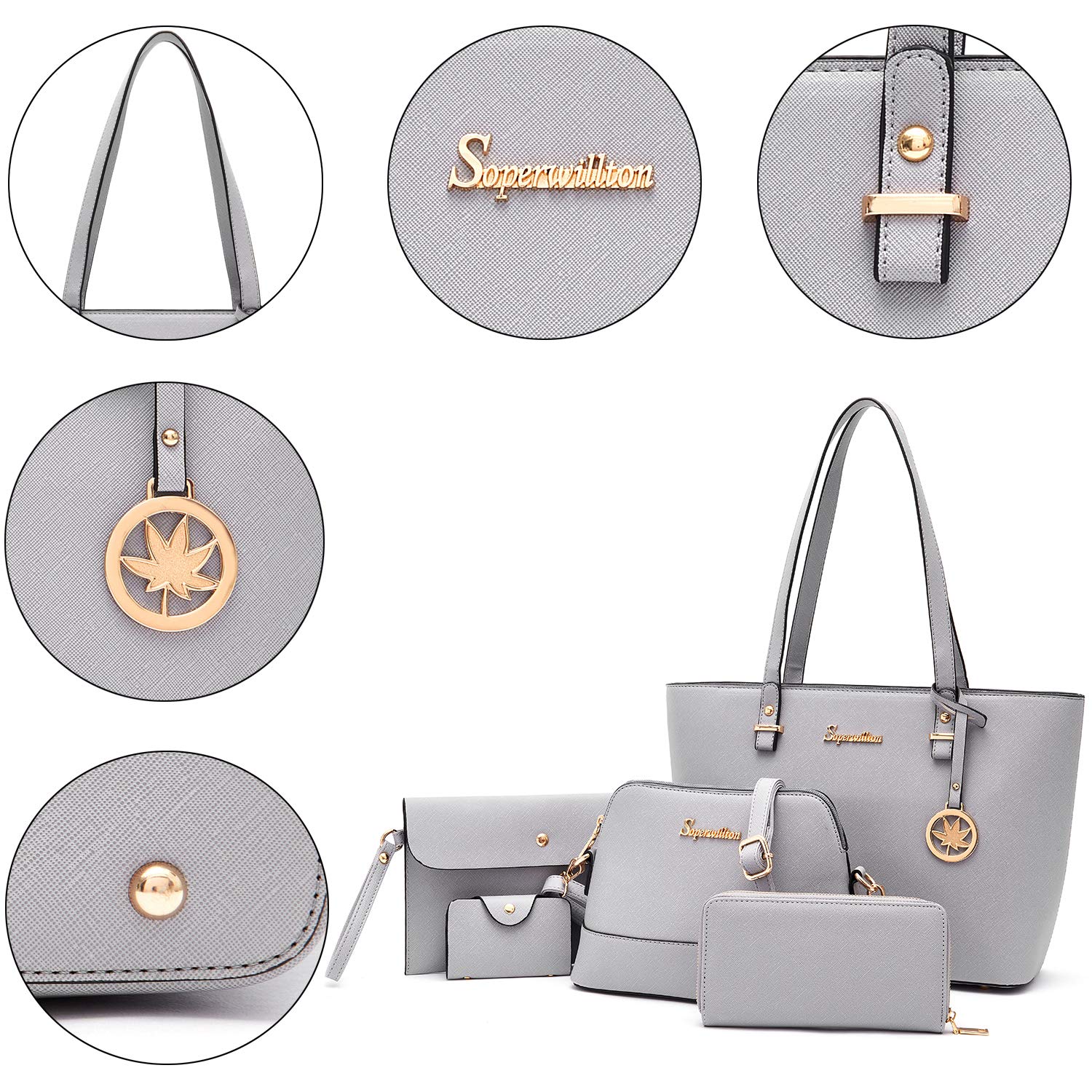 Soperwillton 5-Piece Handbag Set for Women – Tote, Shoulder Bag, Wallet & Clutch Purse Set (Grey)
