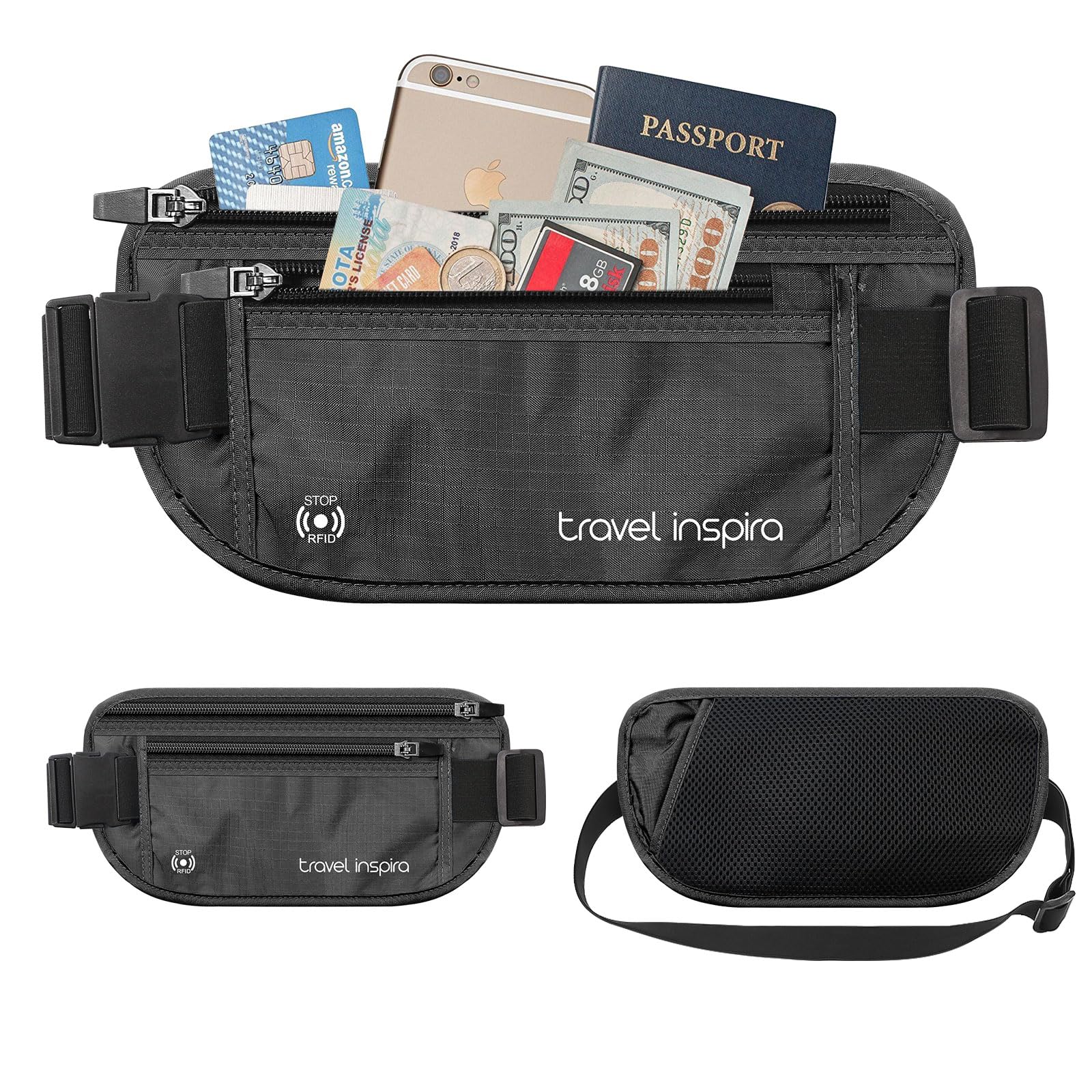 Travel Inspira Hidden RFID Money Belt – Secure Anti-Theft Passport & Card Wallet (Black Edition)