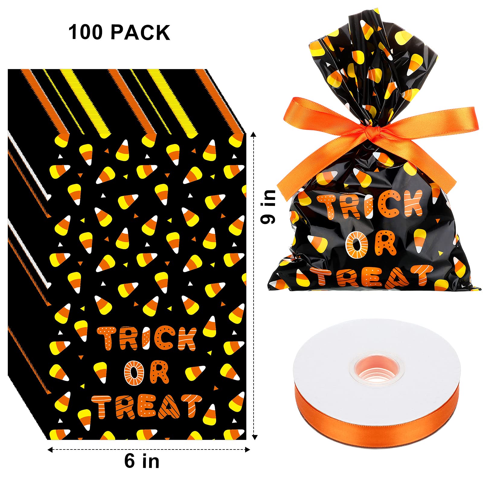 🎁 100 Pack Candy Corn Cello Bags with Ribbon – Halloween & Holiday Treat Bags (9x6 Inches, Includes 22-Yard Ribbon Roll)